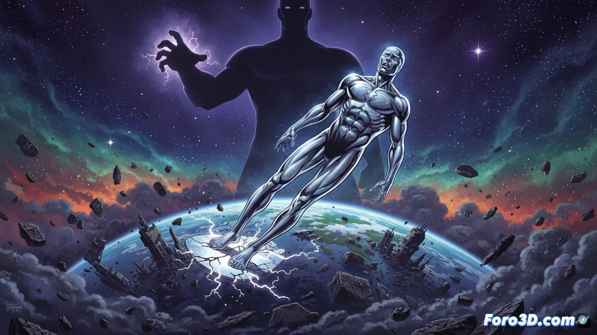 Un Norrin Radd angustiado, con la tabla plateada, vuela entre estrellas y el rostro amenazador de Galactus, reflejando su trágica soledad cósmica.