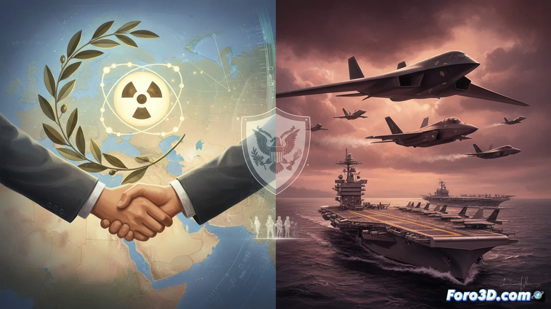 Aviones de combate estadounidenses sobrevuelan el Golfo mientras diplomáticos negocian en una mesa. La doble estrategia de EEUU hacia Irán: presión militar y diálogo.