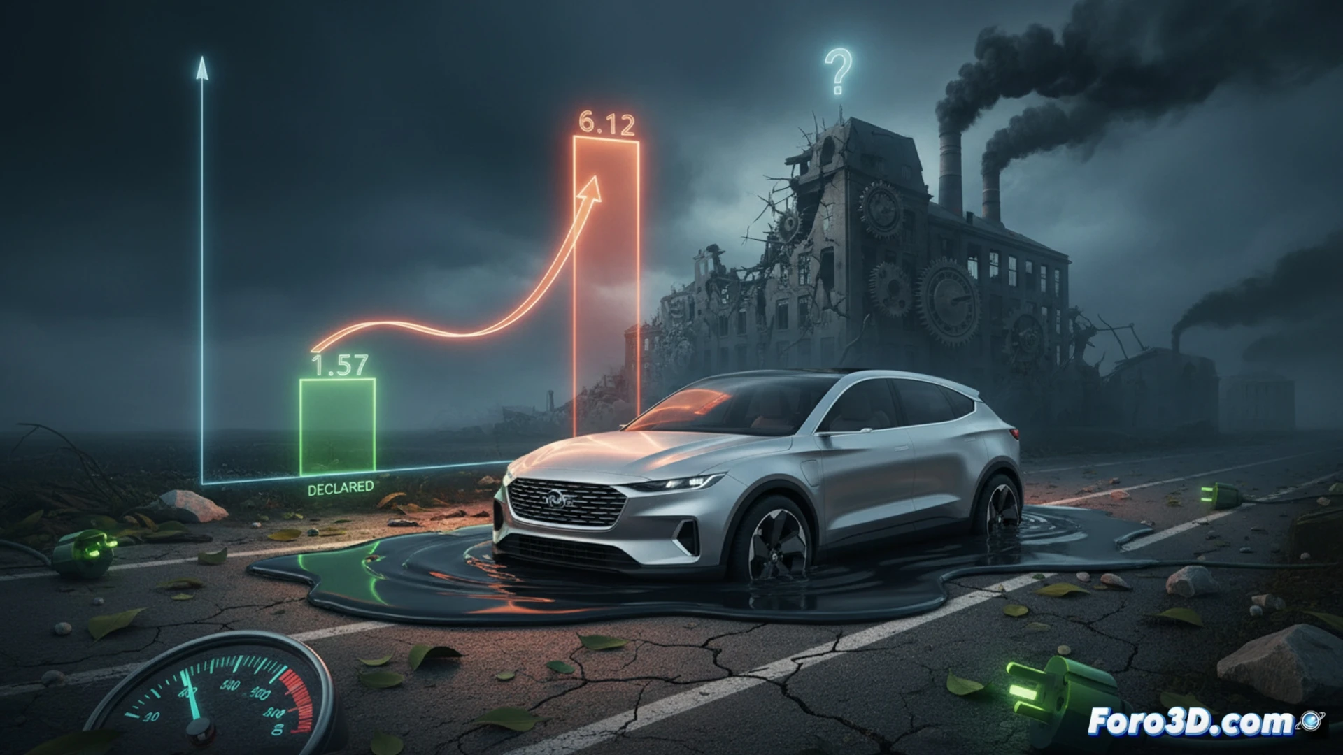 Imagen de un PHEV enchufado a una gasolinera, con un gráfico superpuesto mostrando un consumo de 6,12 l/100km frente a 1,57 l/100km oficiales.