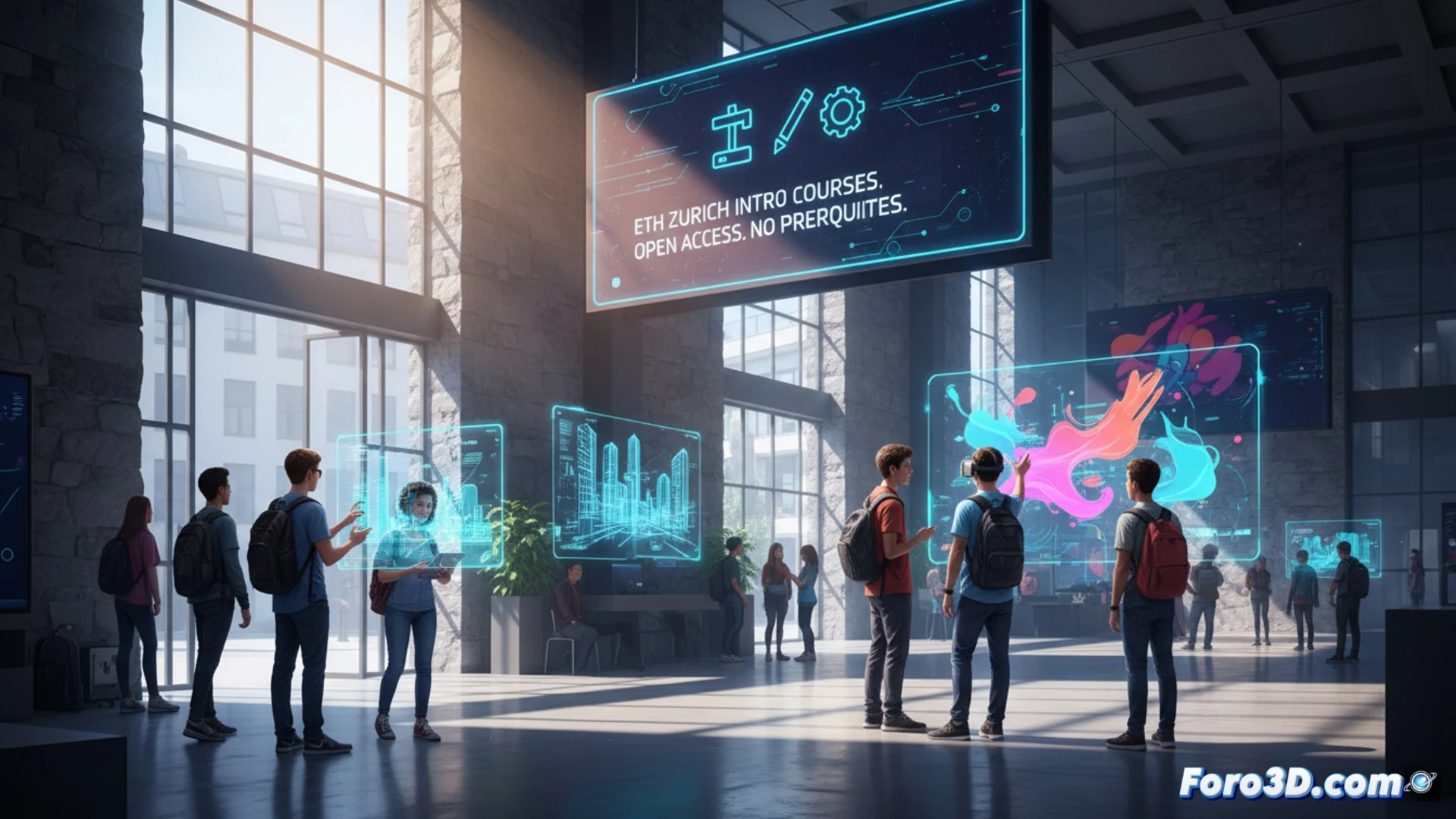 Jóvenes exploran modelos 3D en un aula moderna de ETH Zurich, en cursos introductorios sin requisitos previos.