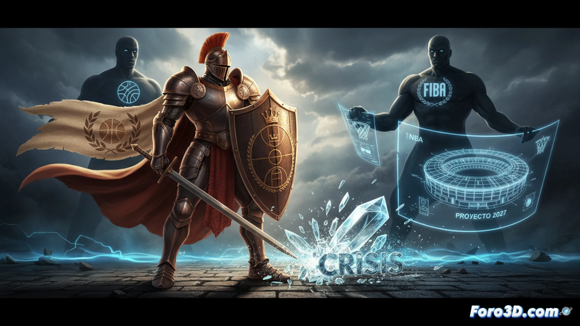 Un directivo de la Euroliga, con gesto firme, defiende un documento frente a los logotipos de la NBA y FIBA en una pantalla, simbolizando la confrontación de modelos deportivos.