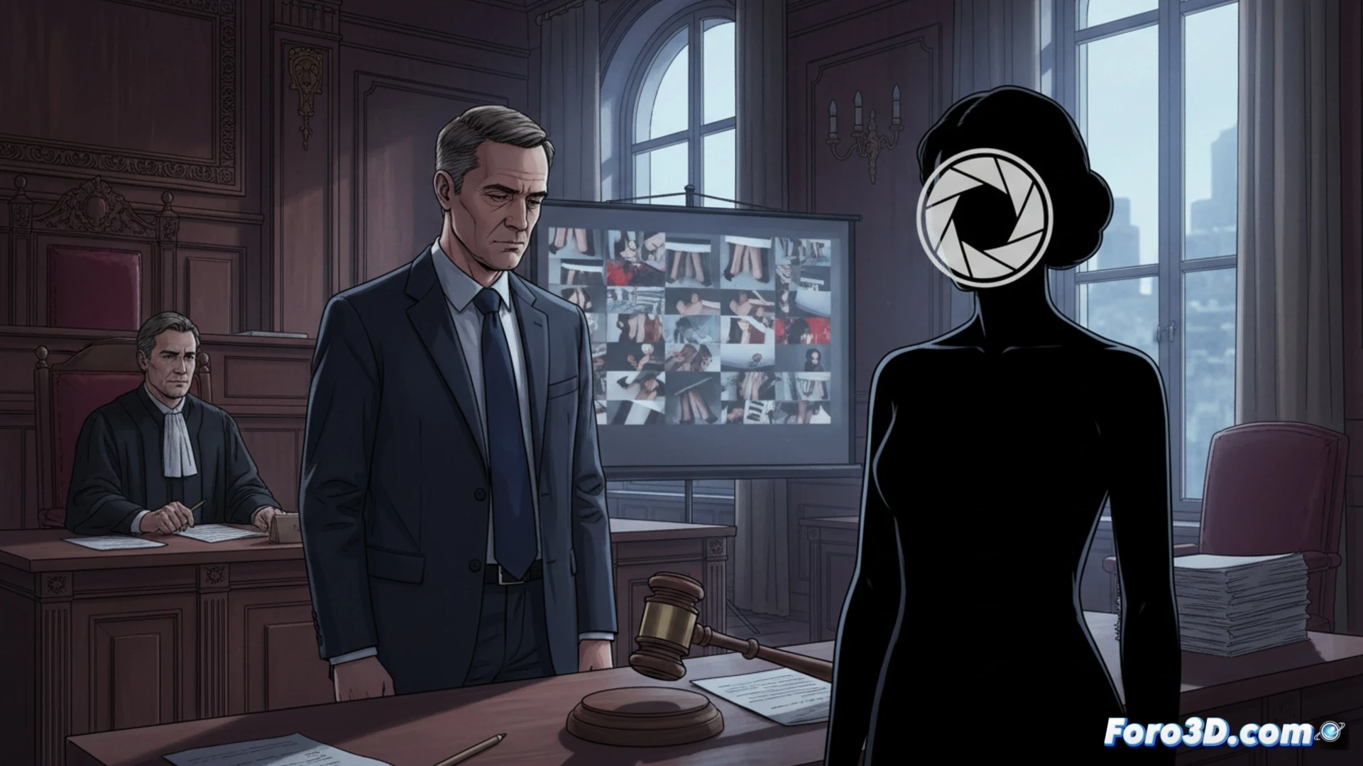 Hombre de traje, rostro sombrío, escondiendo una cámara entre papeles oficiales en un lujoso pasillo del Senado francés. A sus pies, un disco duro con miles de imágenes ilegales proyecta siluetas de mujeres vulnerables.
