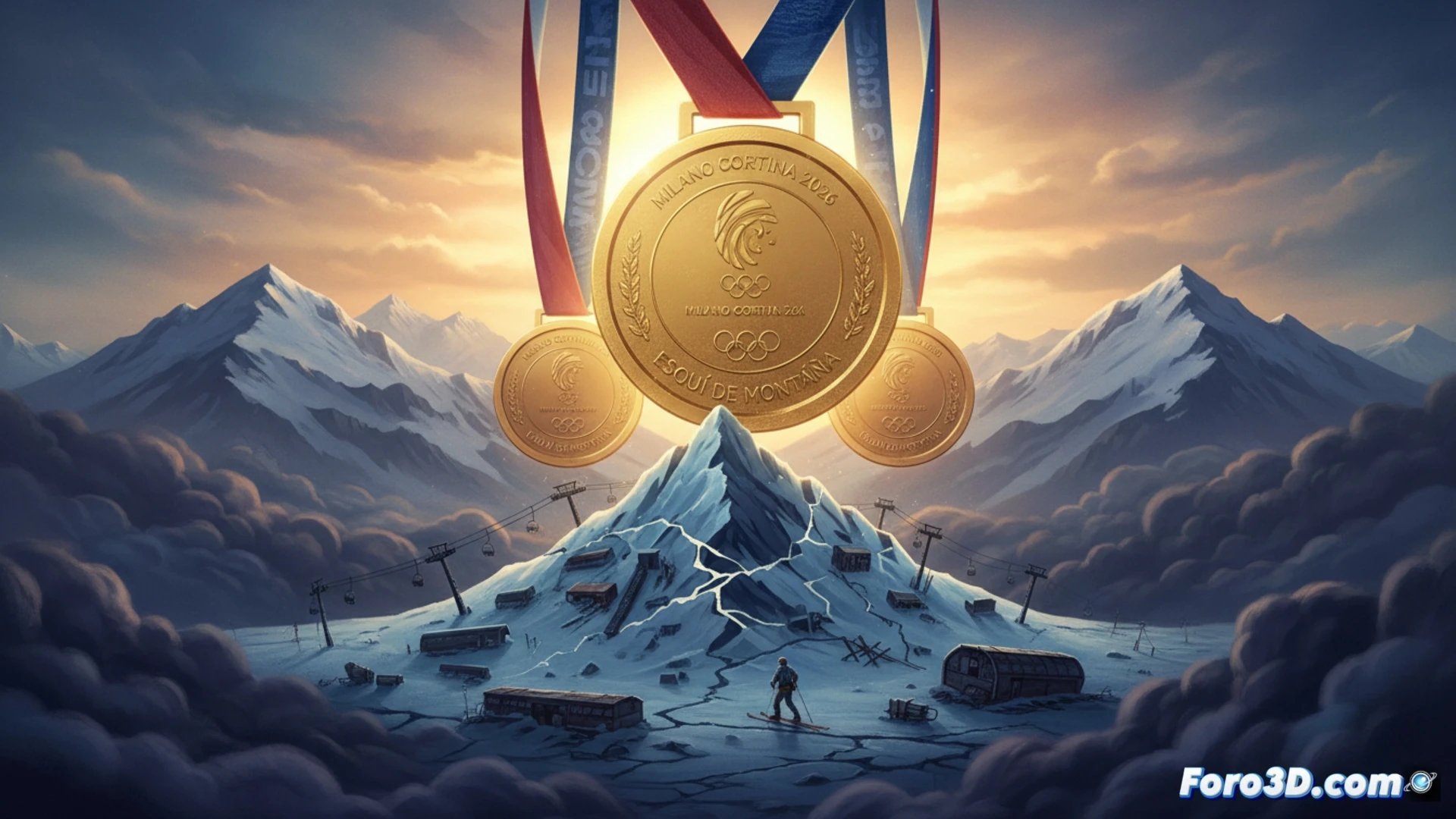 Tres medallas en esquí de montaña brillan sobre un fondo de nieve agrietada y equipamiento deportivo desgastado.