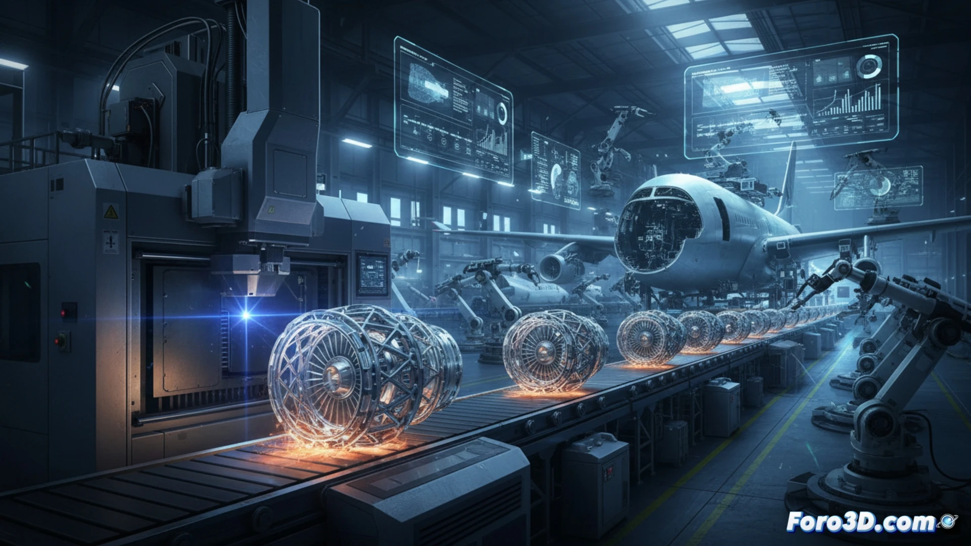 Un gran componente aeroespacial metálico emerge de una impresora 3D industrial, rodeado de planos digitales y gráficos de control de calidad, simbolizando la transición a la fabricación en serie.