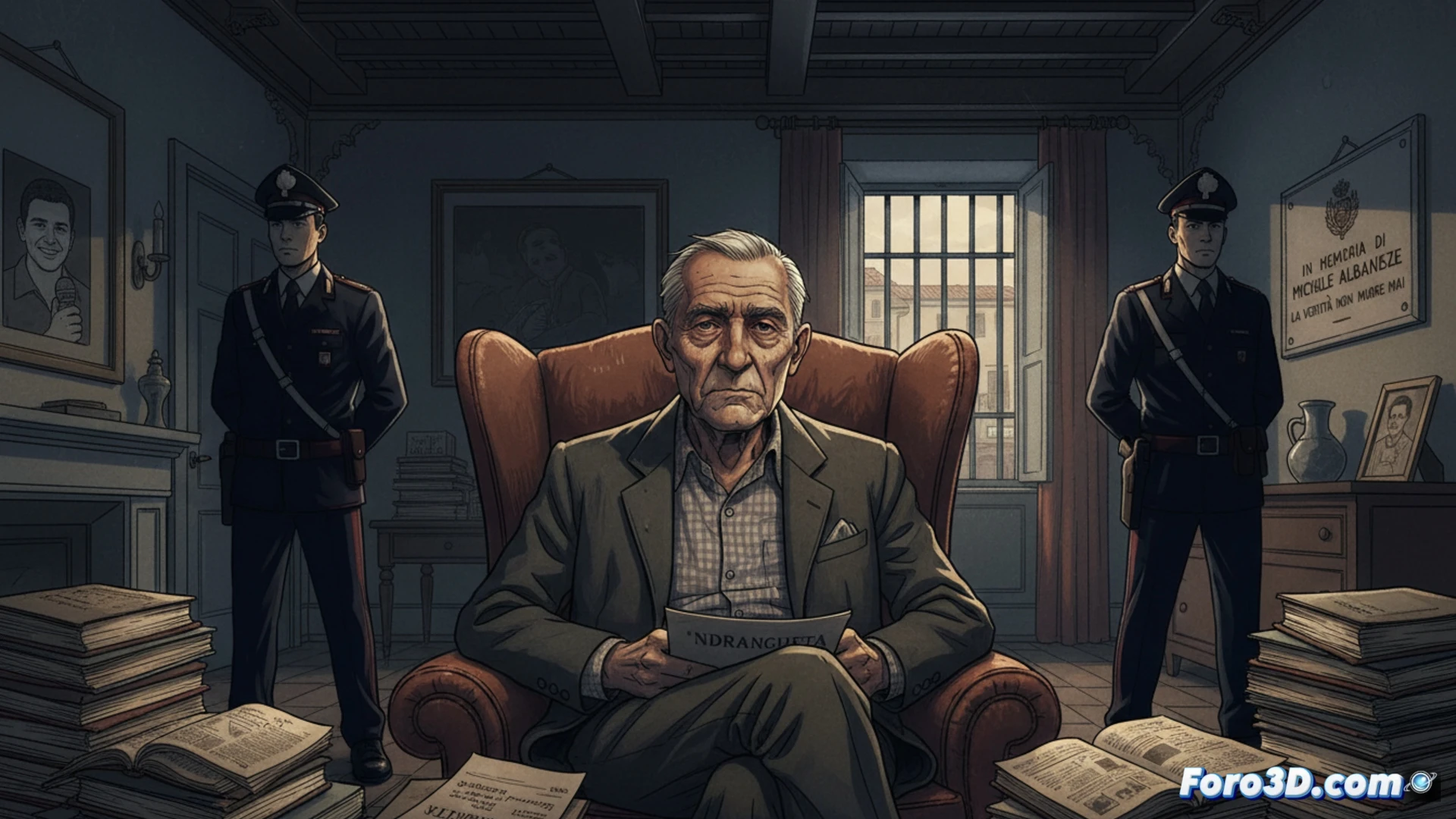 Un periodista frente a su ordenador, con una foto de la 'Ndrangheta y un chaleco antibalas colgado al fondo. Su mirada es firme pero cansada.