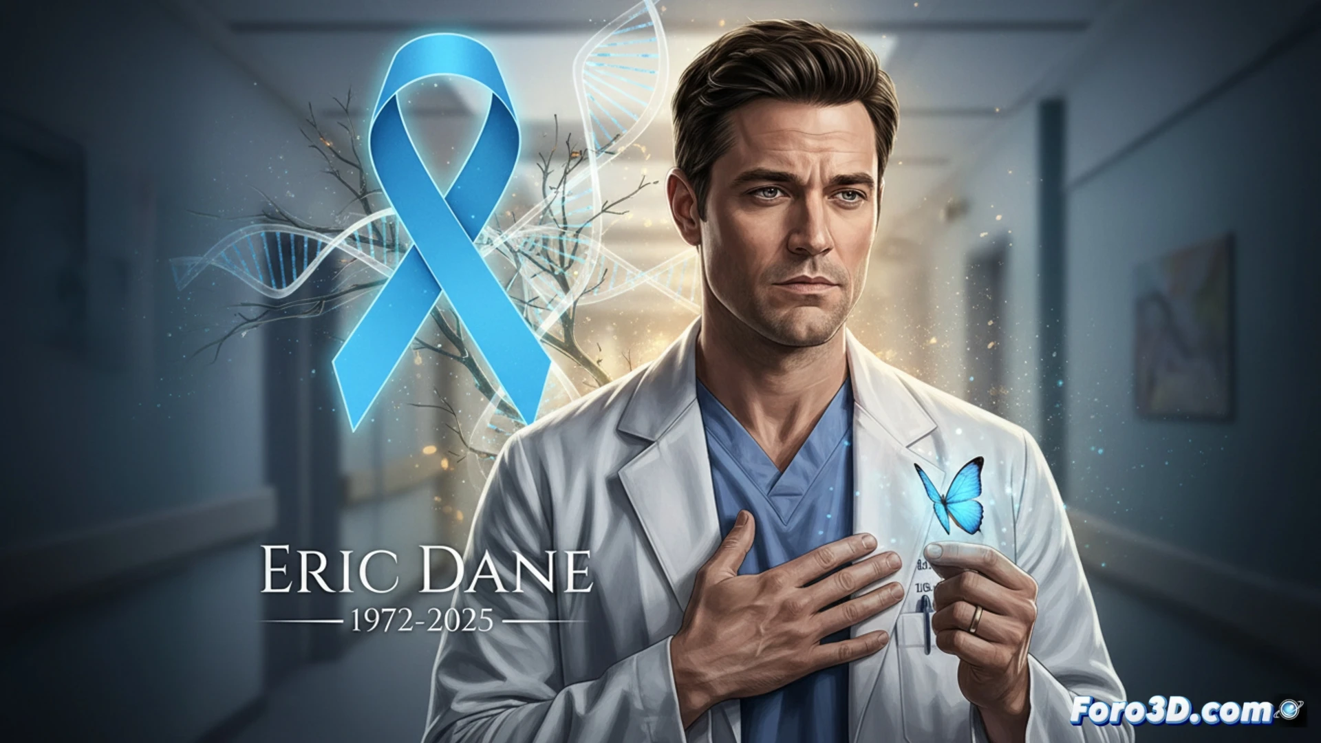 Retrato sereno de Eric Dane, con una sonrisa cálida y un lazo azul de apoyo a la ELA visible en su solapa.