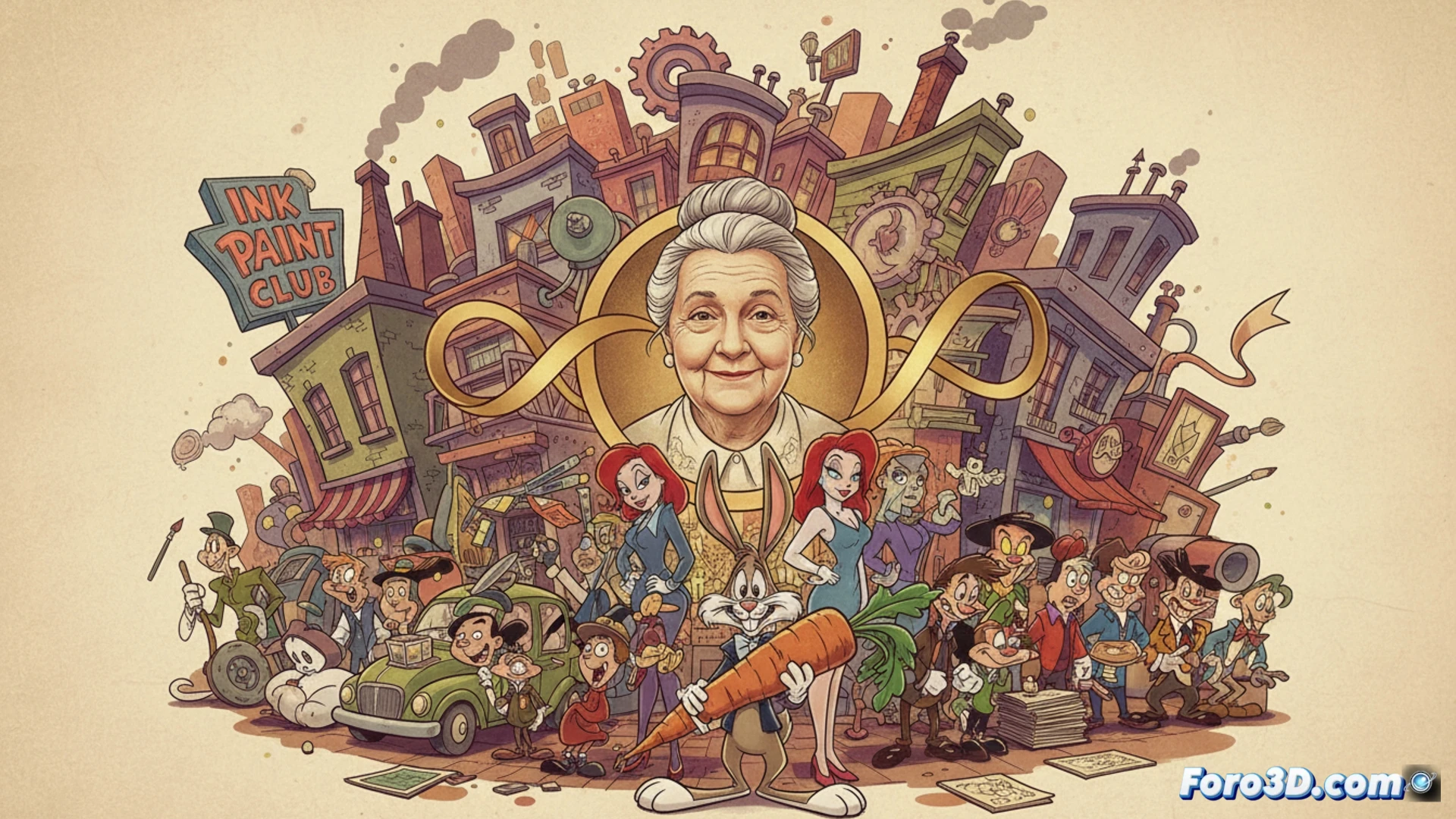 Una animadora mayor, con lápiz y fotogramas, crea los vibrantes edificios y calles de Toontown, fundiendo su trazo con el mundo real de Roger Rabbit.