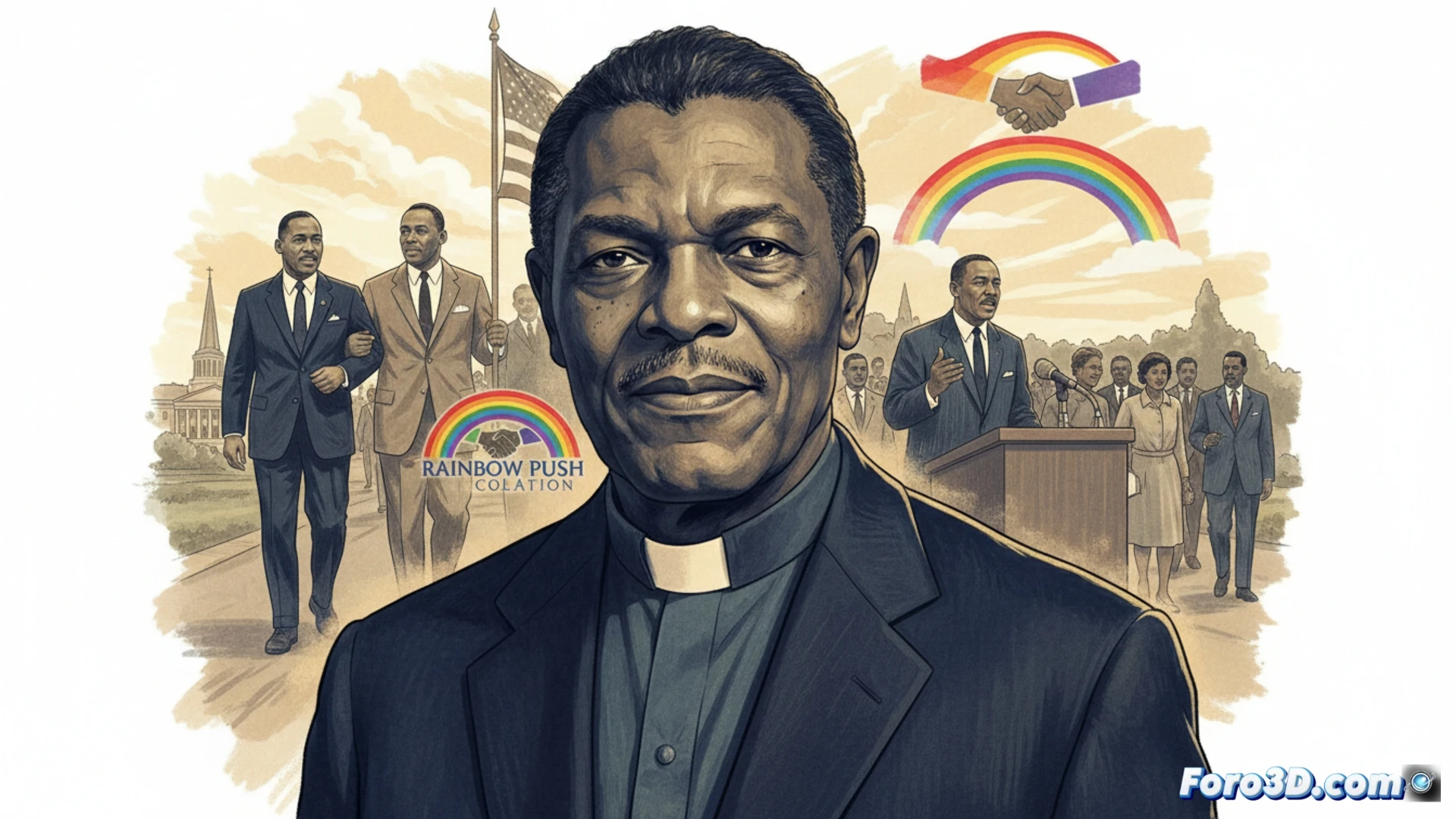 Un Jesse Jackson maduro, con mirada firme, hablando ante una multitud en un mitin por los derechos civiles, con su icónica chaqueta de cuero y un micrófono en la mano.