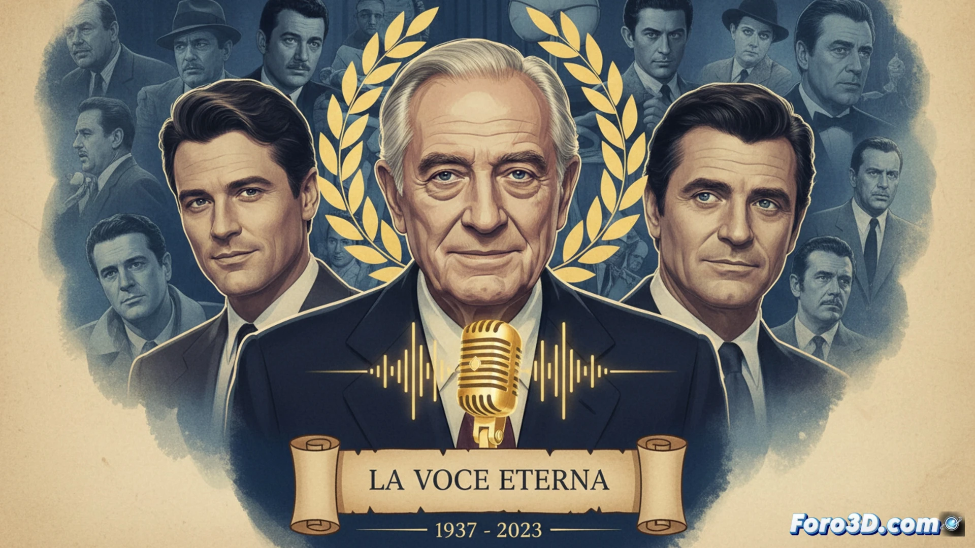 Un micrófono clásico sobre un guion, con la silueta desenfocada de un hombre en un estudio de grabación, transmitiendo respeto y legado.