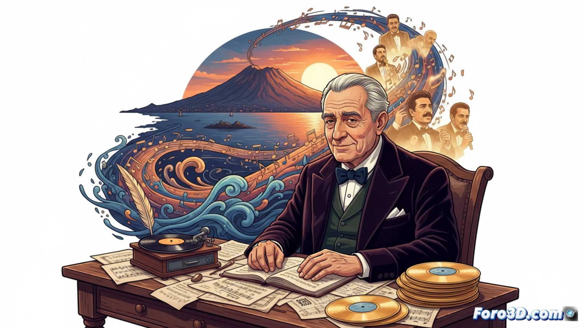 Un hombre mayor escribe en su estudio, rodeado de partituras y fotos con famosos cantantes napolitanos, mientras una ventana muestra el atardecer sobre Nápoles.