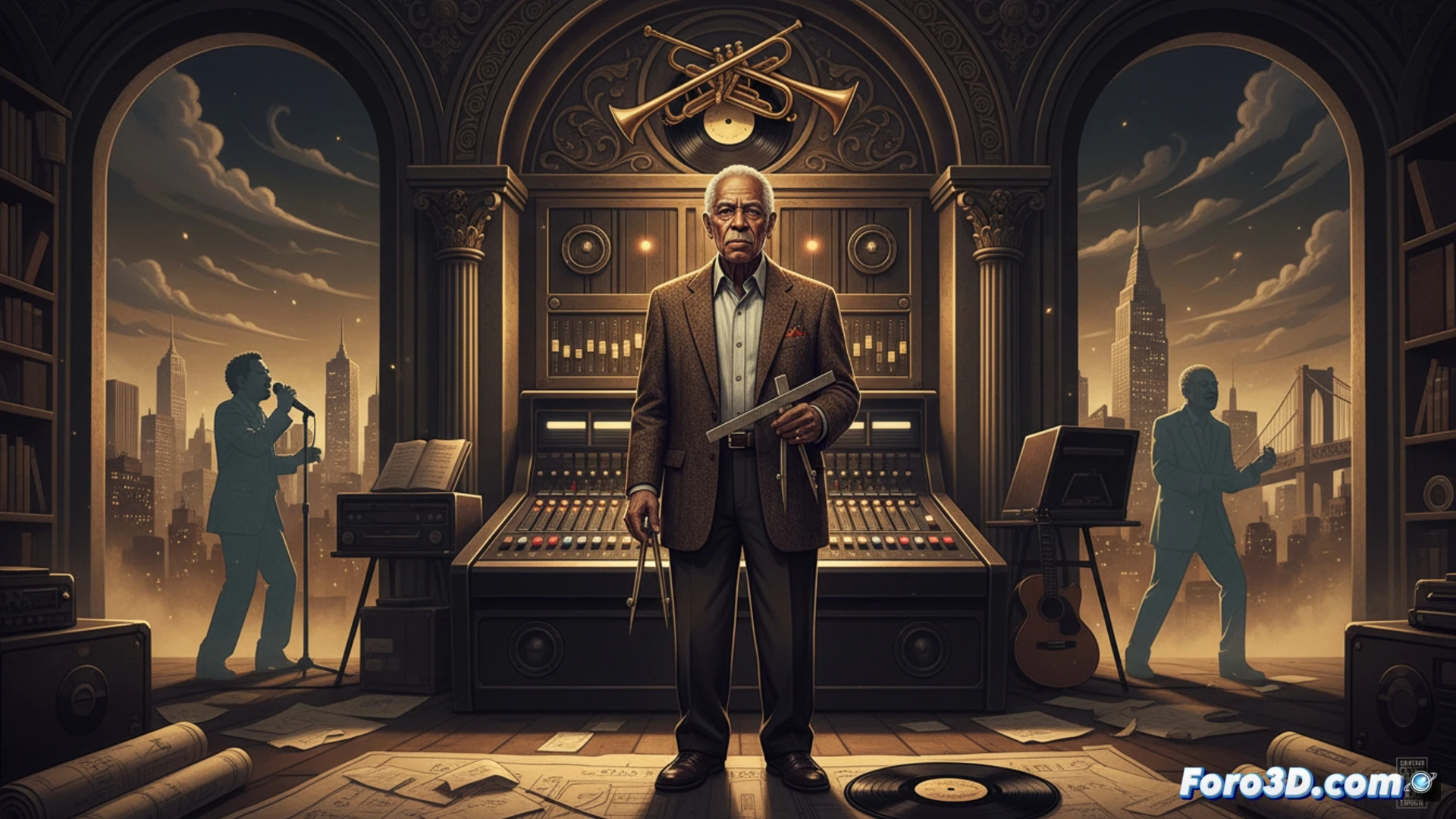 Un hombre maduro, Willie Colón, sonríe con su trombón en un escenario vibrante, rodeado por su banda y el brillo cálido de las luces del club.