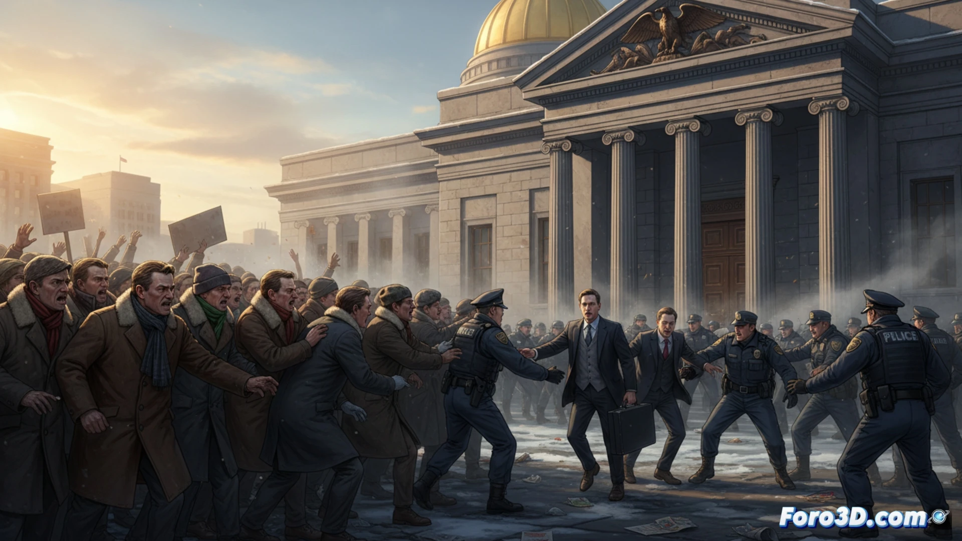 Imagen que muestra el momento de tensión frente al Palacio de Justicia de Florencia, donde familiares de víctimas se enfrentan a la policía que custodia a los hermanos Moretti.