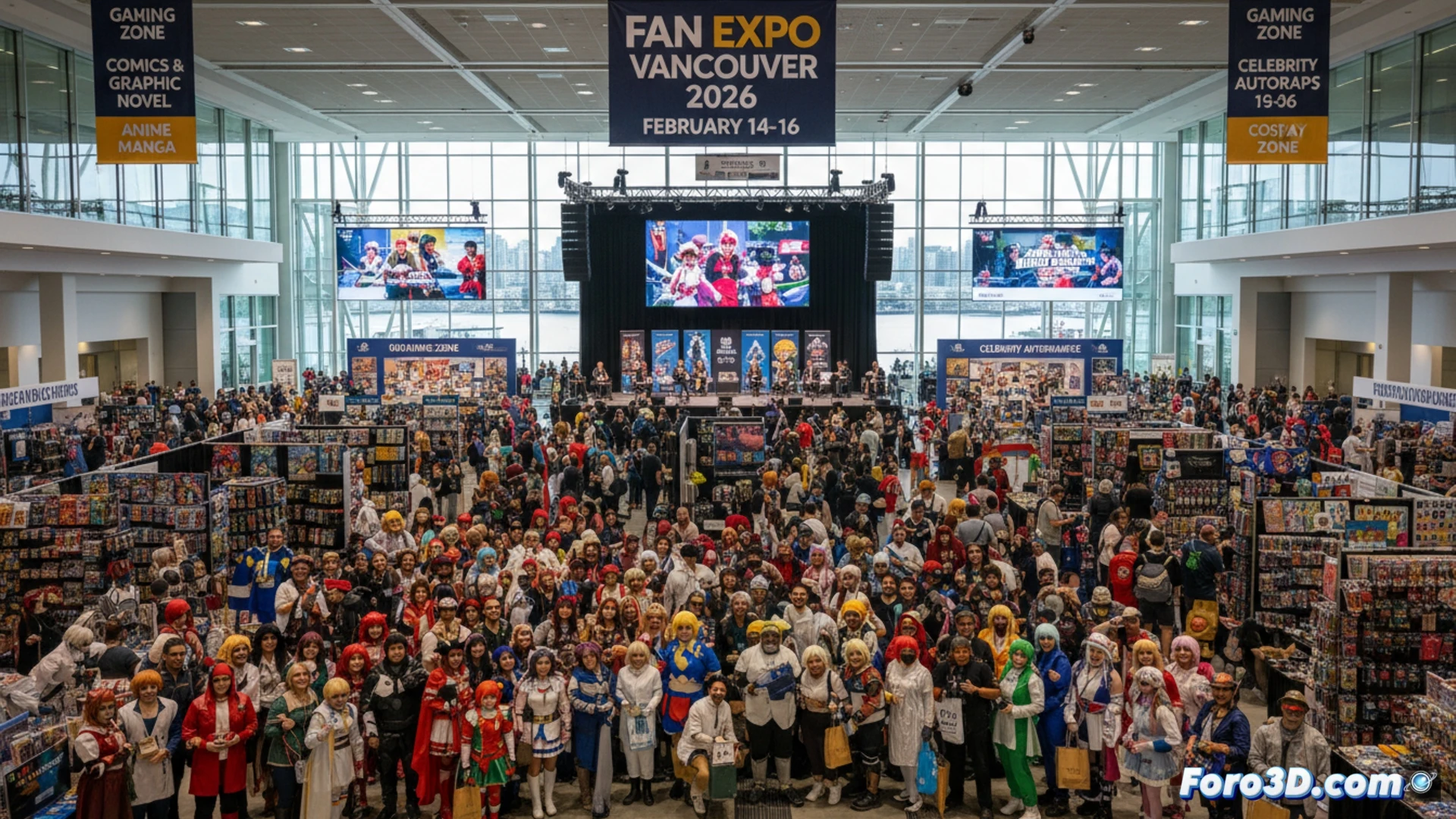 Una multitud con disfraces coloridos explora un gran salón lleno de stands de cómics, videojuegos y arte, en el moderno Vancouver Convention Centre.