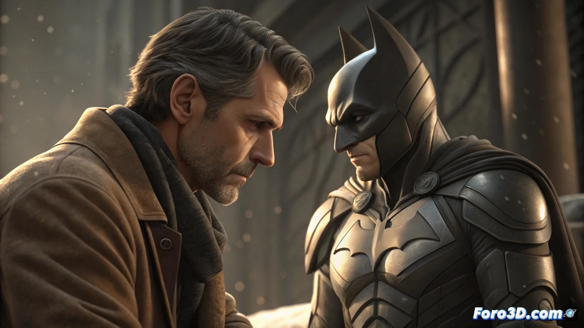 Un joven Paul Anthony Kelly, con mirada intensa y traje elegante, posa como Bruce Wayne ante la Batiseñal en un fondo urbano nocturno.