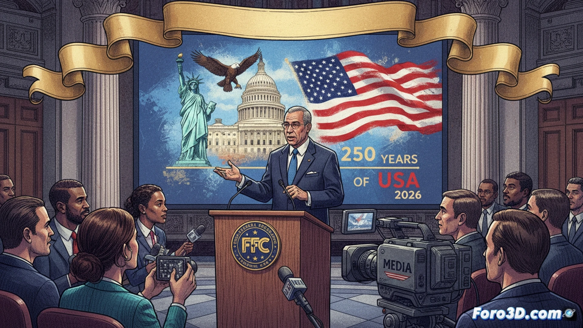 Un hombre ante micrófonos con banderas de fondo, señalando una pantalla que muestra 