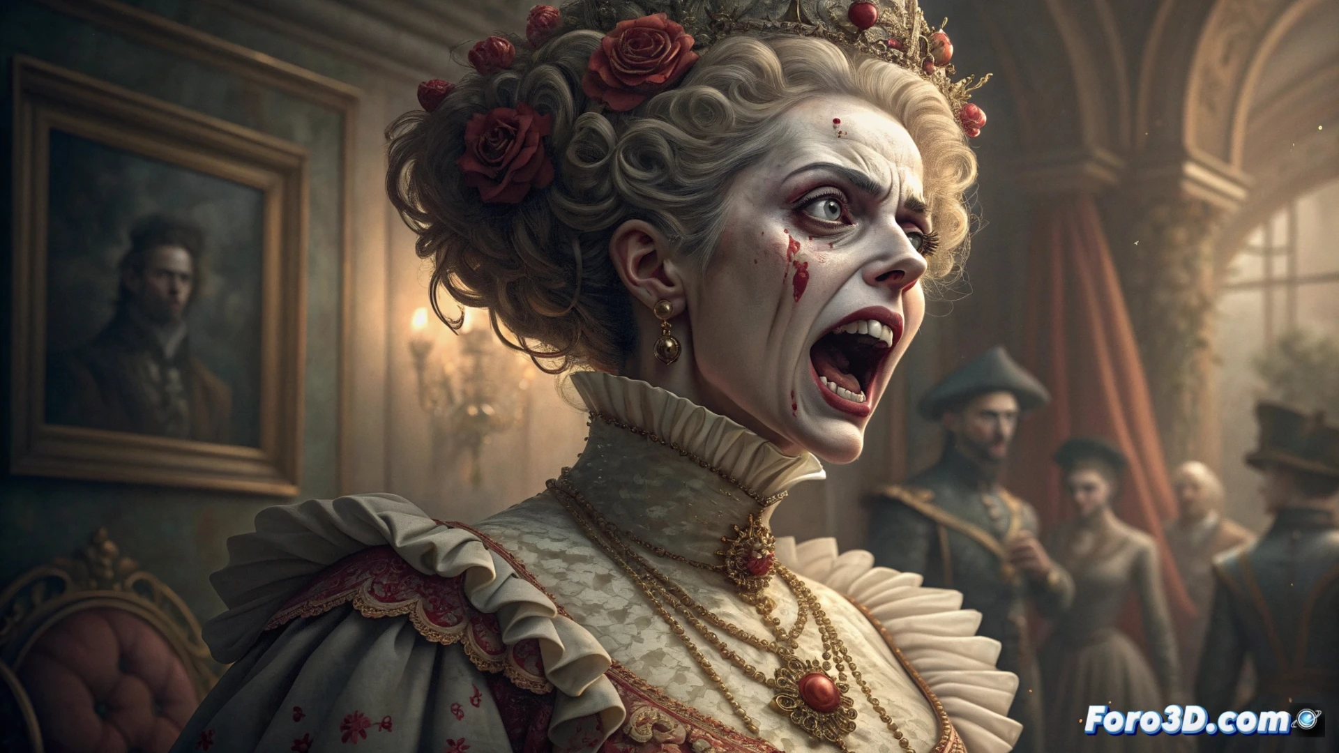 Una mujer con rasgos exagerados y surrealistas emerge de un torbellino de texturas orgánicas y colores vibrantes, entre lo seductor y lo monstruoso.