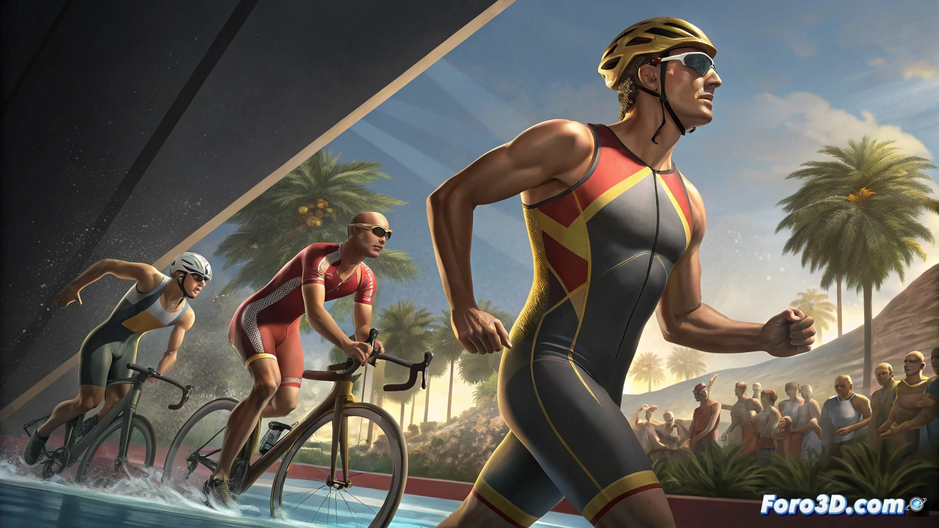 Atletas de triatlón con nueva equipación LA 2028, posando ante un mapa de España señalando Tarragona y Pontevedra.