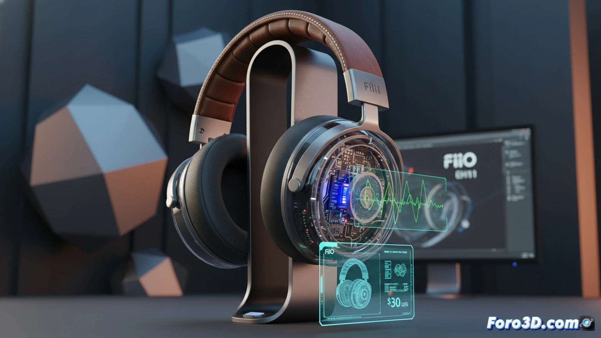 Auriculares retro con carcasa translúcida, mostrando detalles de su diseño interno y componentes, sobre un fondo de estudio 3D.