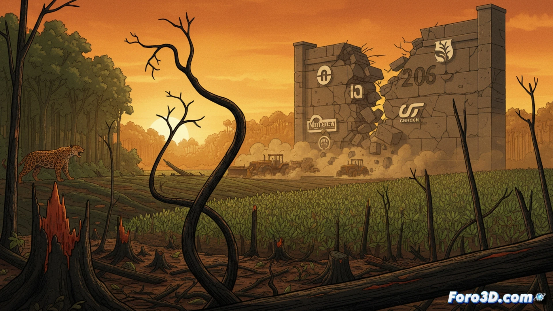 Un tractor avanza sobre un campo de soja, al borde de una densa selva amazónica que comienza a ser talada.