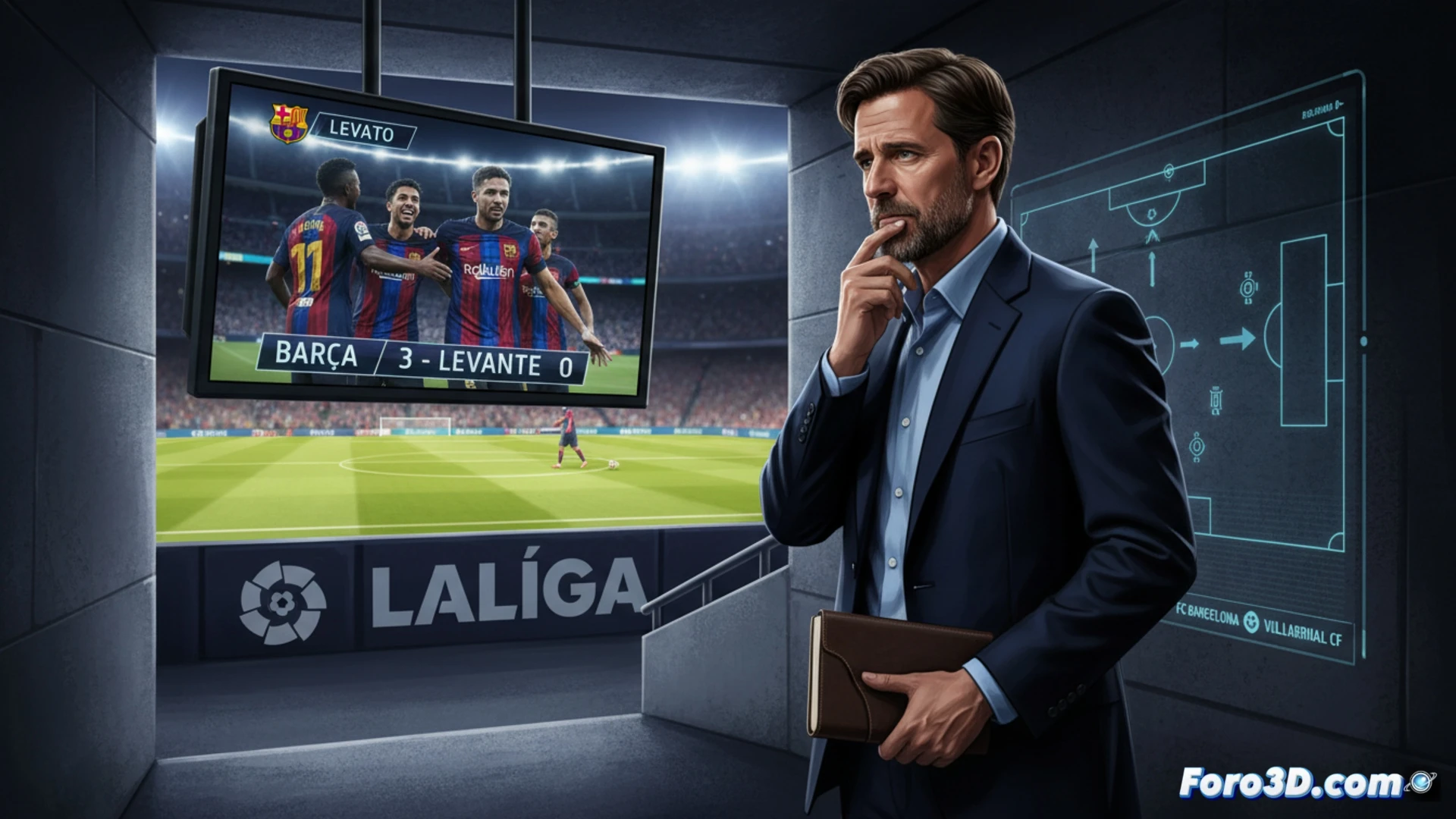 Hansi Flick observa concentrado desde el banquillo del Camp Nou, mientras el Barça domina el partido. En su mirada, la satisfacción por la reacción y la mente puesta en el próximo rival.