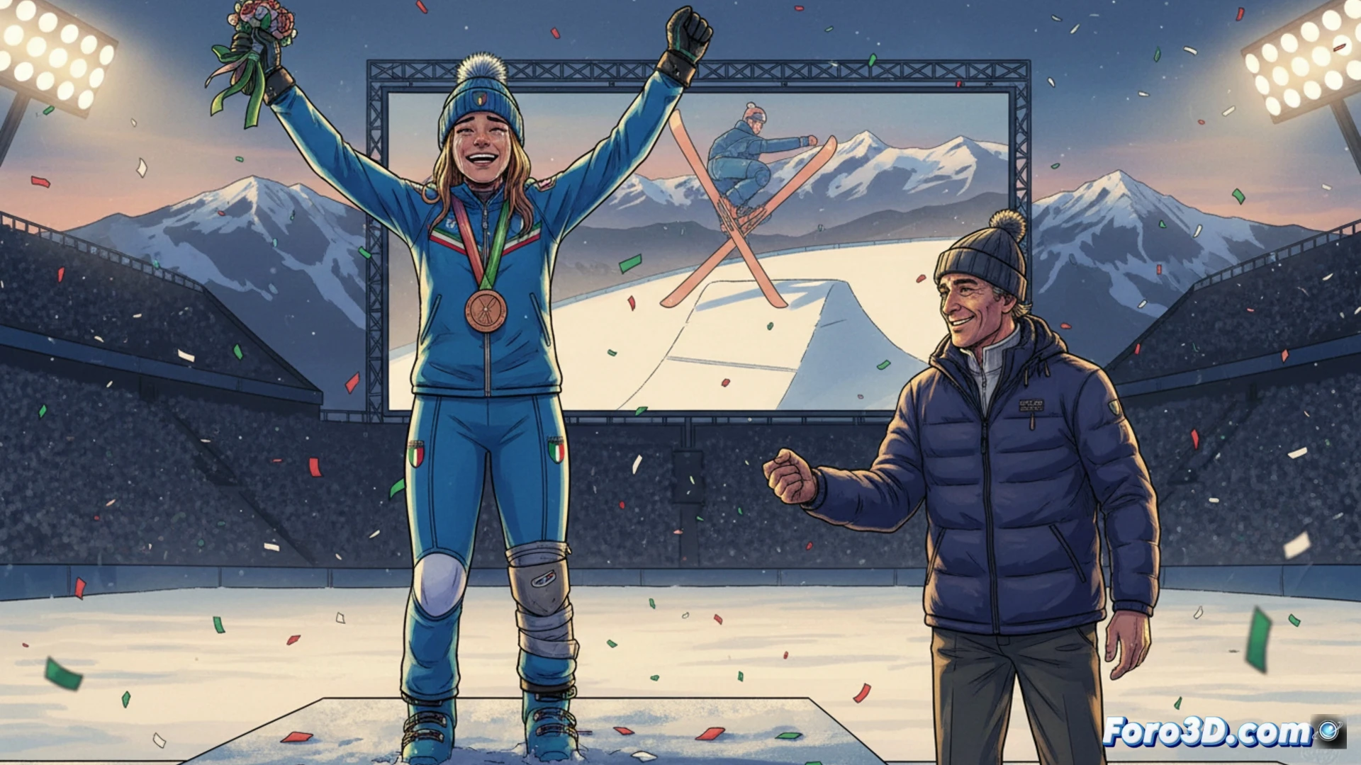 Joven esquiadora italiana celebra bronce en Big Air, con rodilla vendada y sonrisa triunfal tras superar grave lesión.