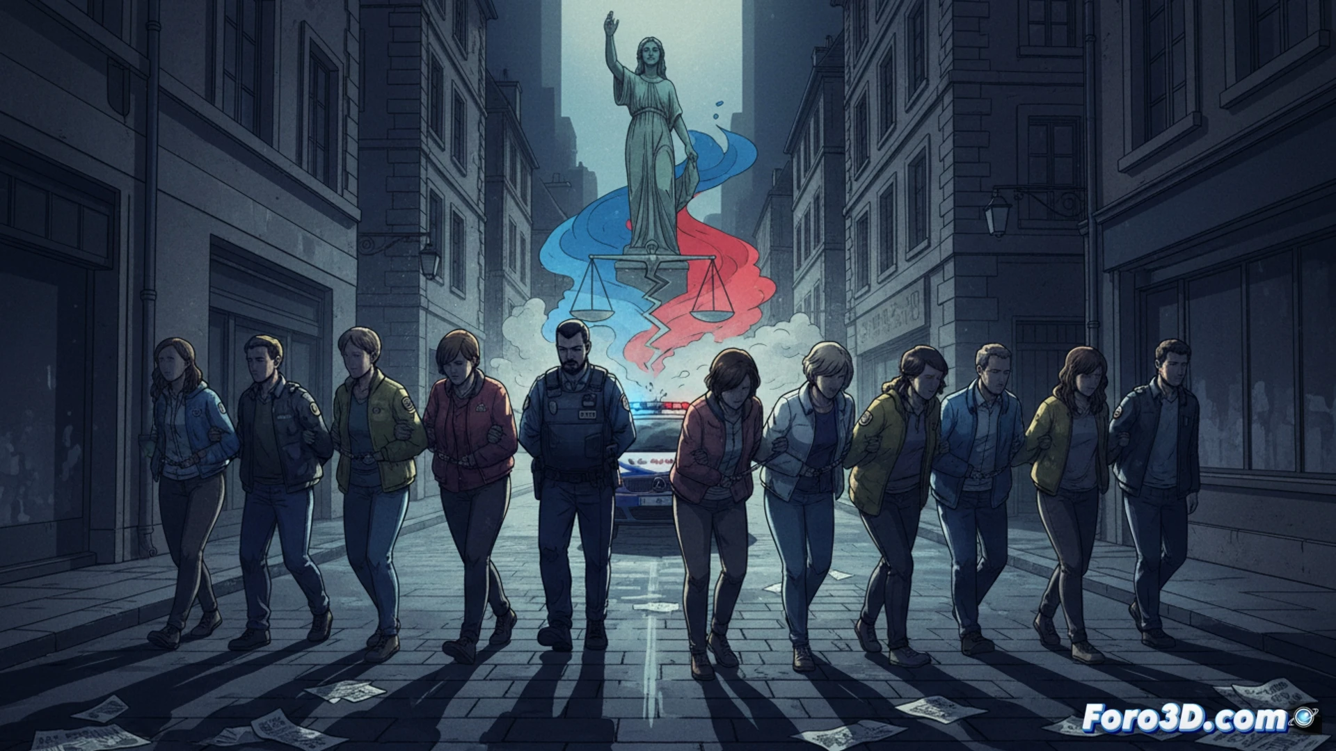 Un joven yace herido en el suelo de Lyon, rodeado de policías y manifestantes enfrentados. El ambiente es tenso, con grafitis políticos en las paredes.