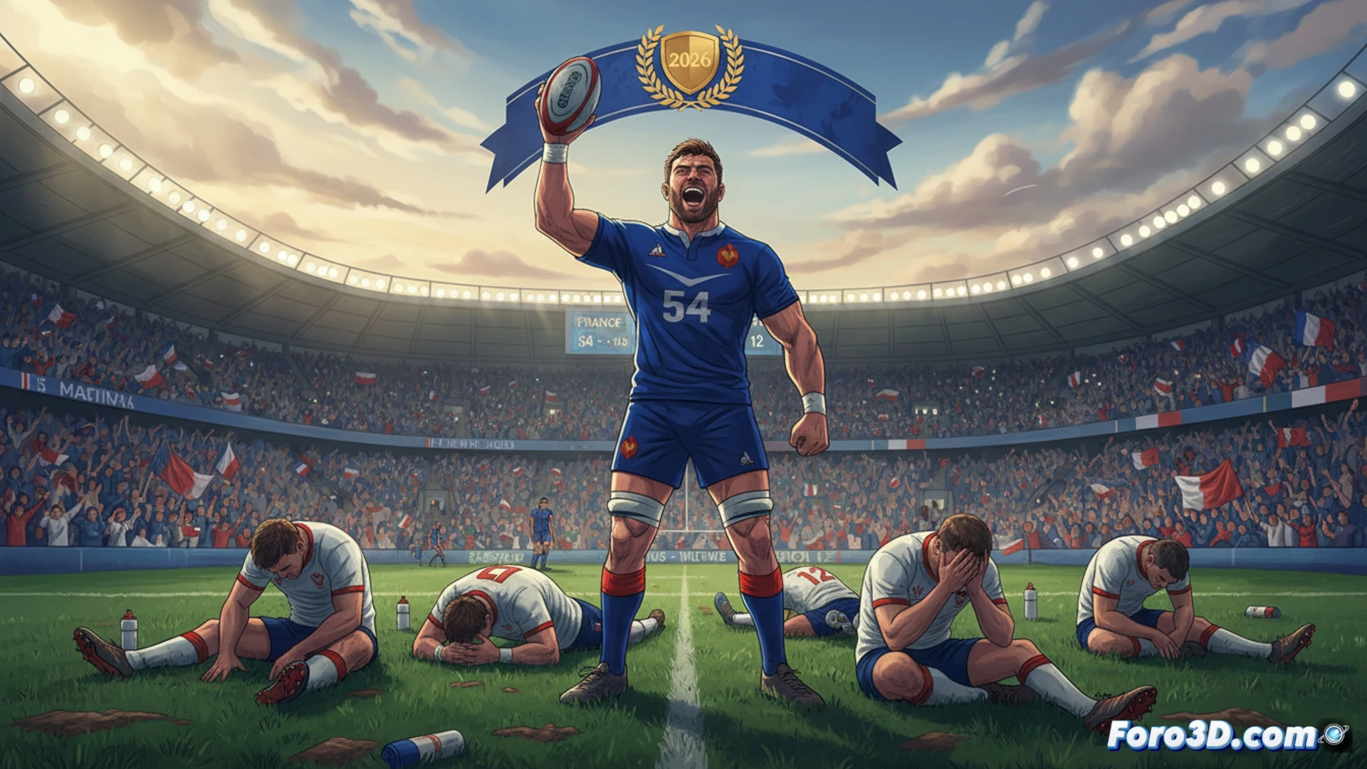 Imagen de la victoria francesa en Cardiff: jugadores celebrando tras anotar un ensayo, marcador 54-12 visible en el fondo.