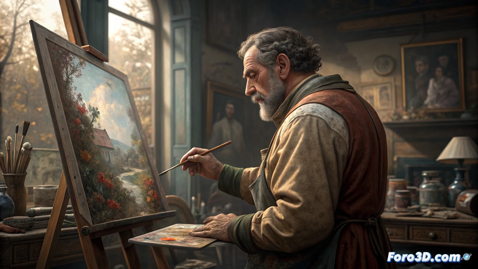 Un hombre mayor pinta con óleos en un estudio lleno de bocetos digitales y lienzos tradicionales, fusionando dos mundos artísticos.