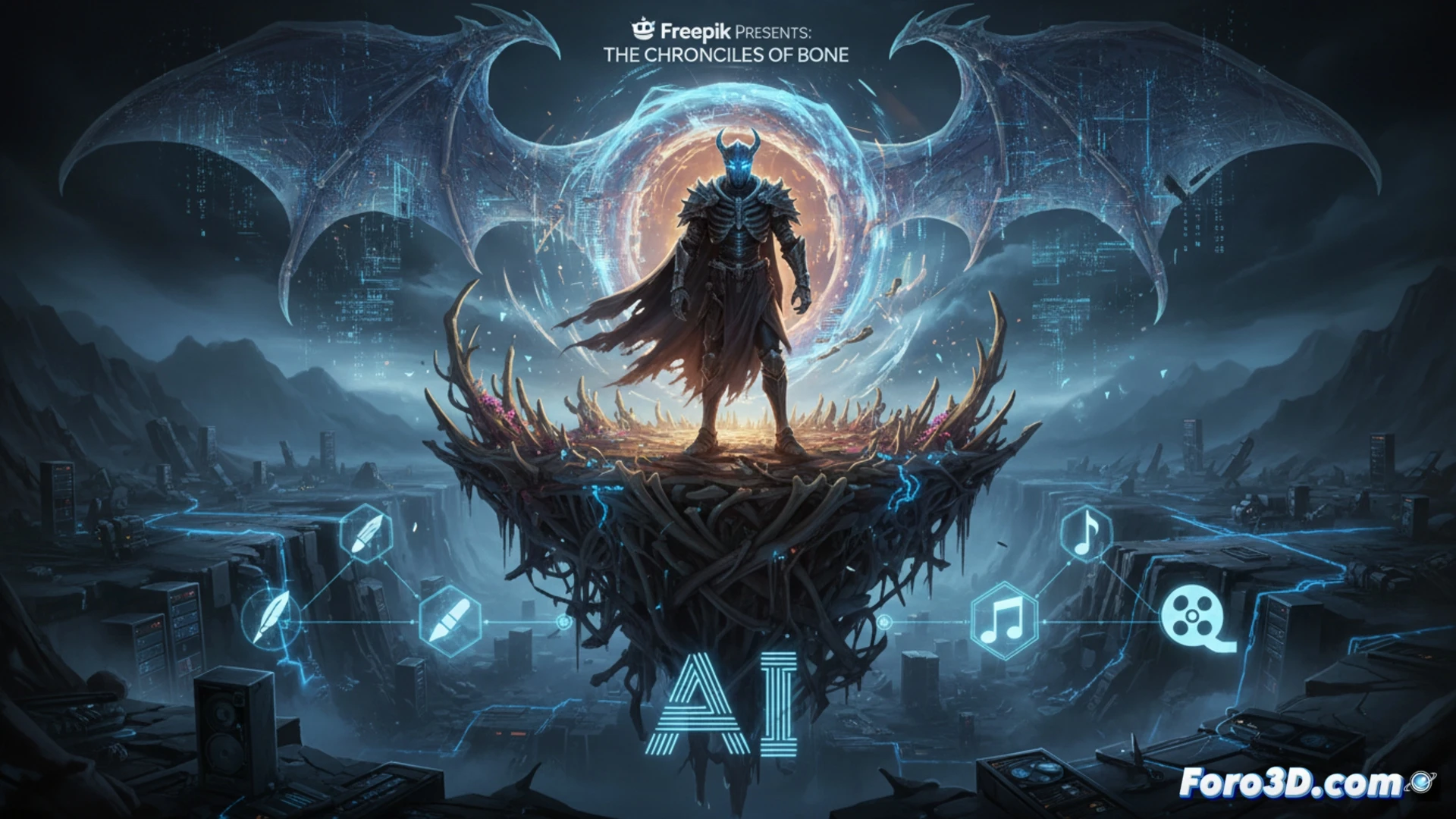 Una serie animada de fantasía con personajes esqueléticos en un mundo mágico, creada íntegramente con inteligencia artificial.