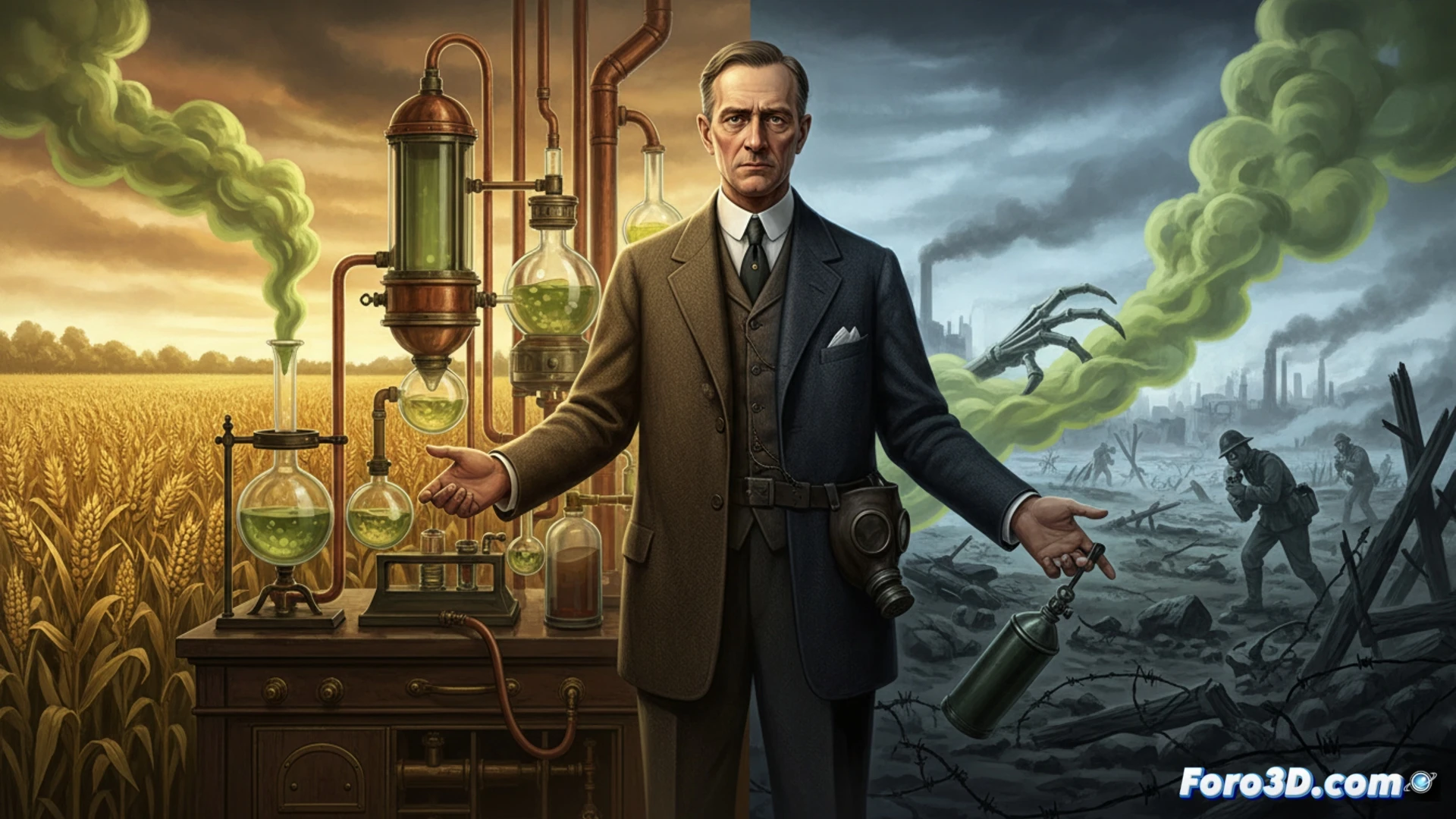 Un hombre de aspecto severo, con traje y gafas, observa un campo fértil que se desvanece en un paisaje arrasado por nubes de gas venenoso.