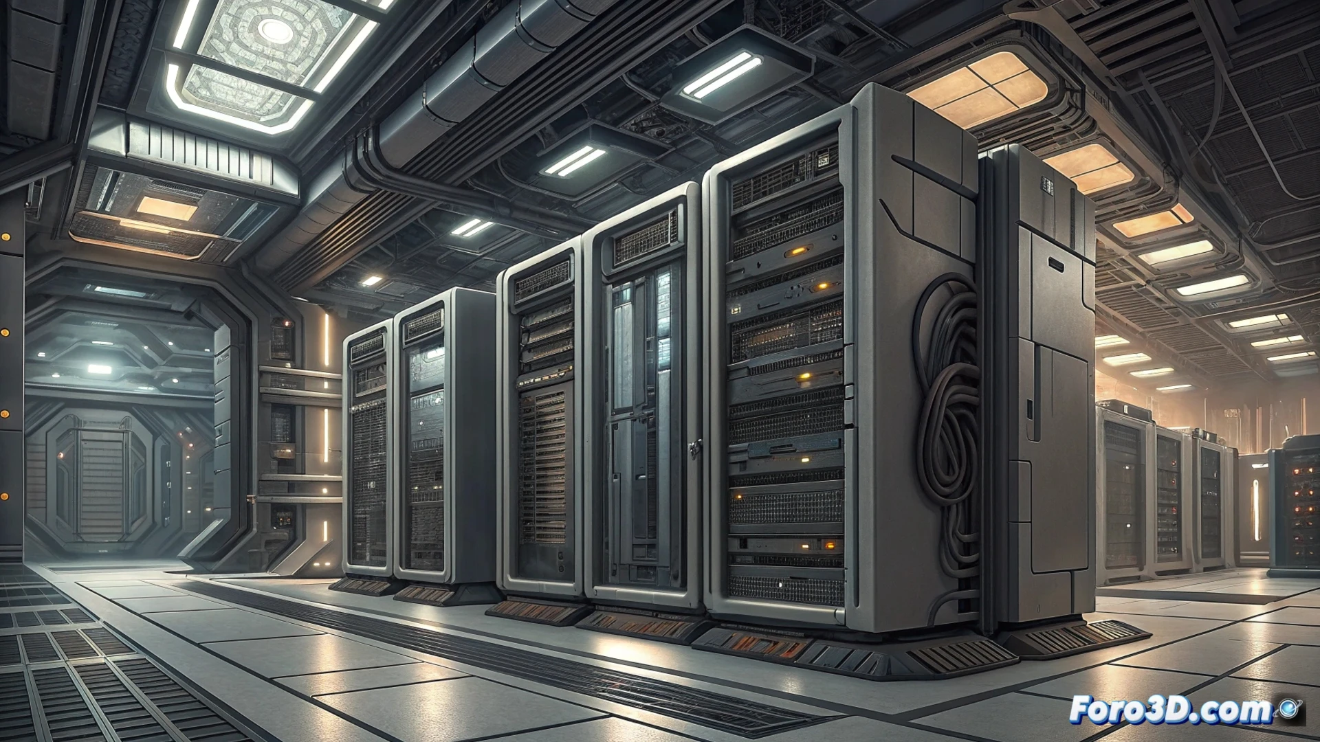 Un técnico en bata examina un servidor Fujitsu en una fábrica japonesa ultramoderna, con banderas de Japón y logotipos de IA en segundo plano.