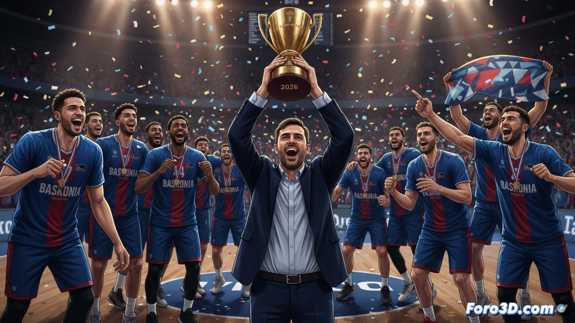 El entrenador Galbiati celebra con su equipo, alzando la Copa del Rey 2026, en una escena de pura emoción y triunfo colectivo.