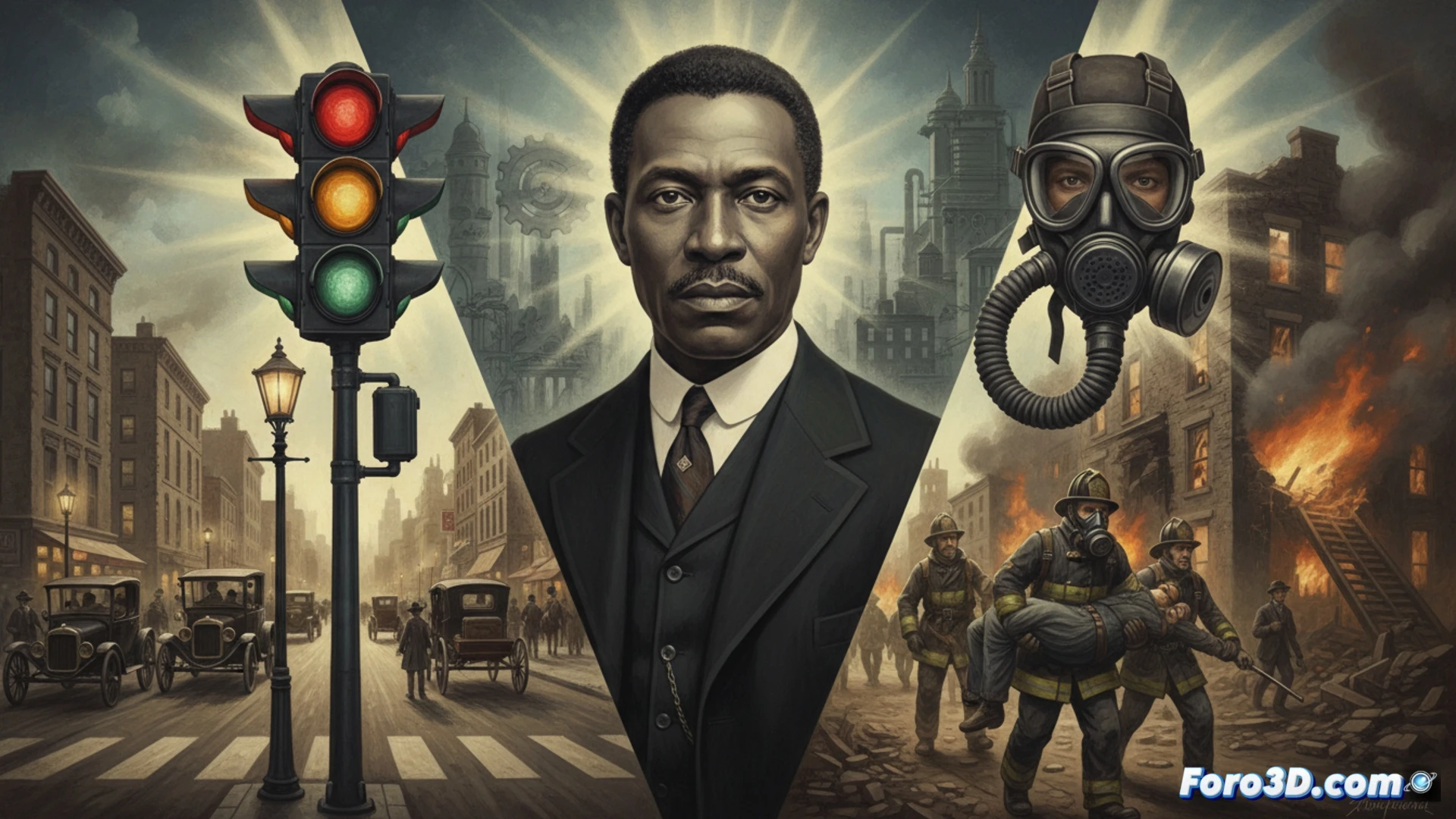 Retrato de Garrett Morgan con sus inventos: un semáforo de tres luces y una máscara de gas, símbolos de seguridad urbana y protección.