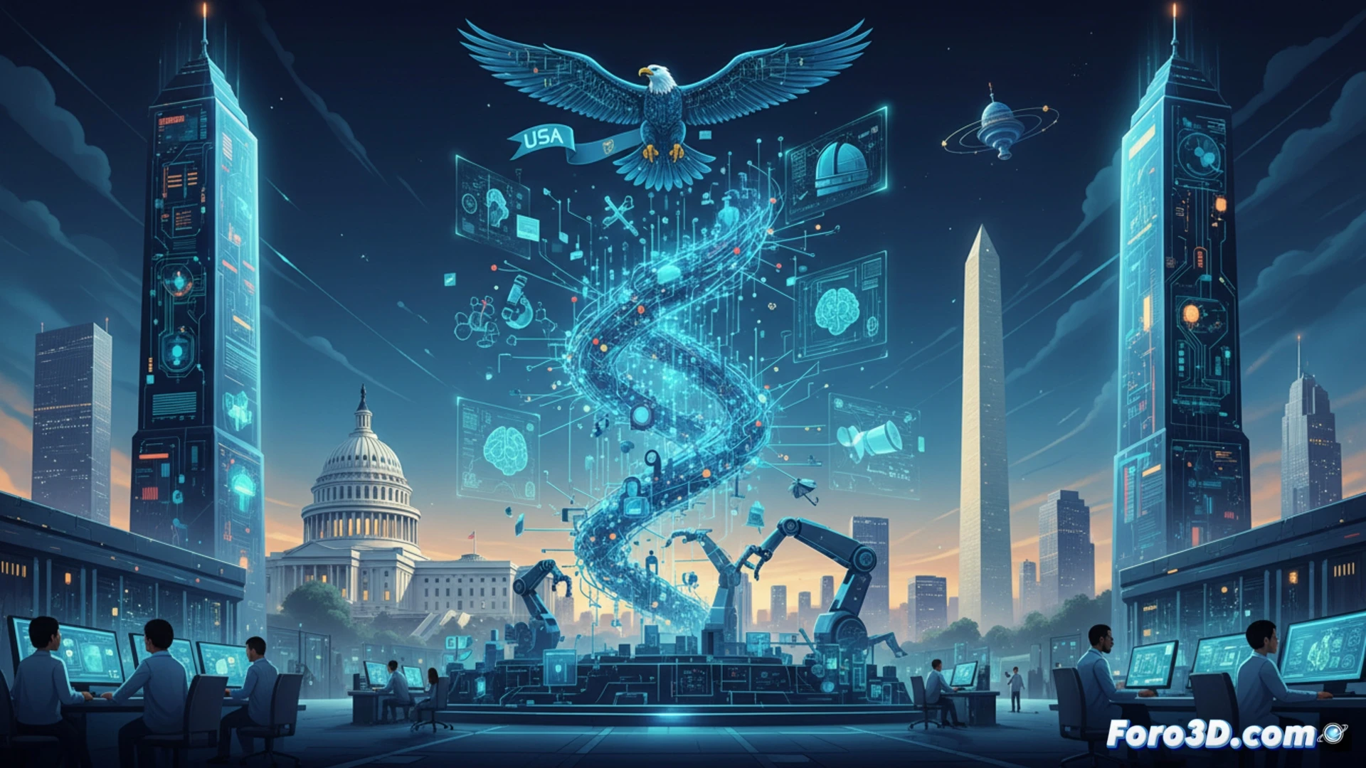 Vista aérea de un complejo de servidores luminoso, con circuitos que se expanden como raíces sobre un mapa de EE.UU., conectando iconos de ciencia.