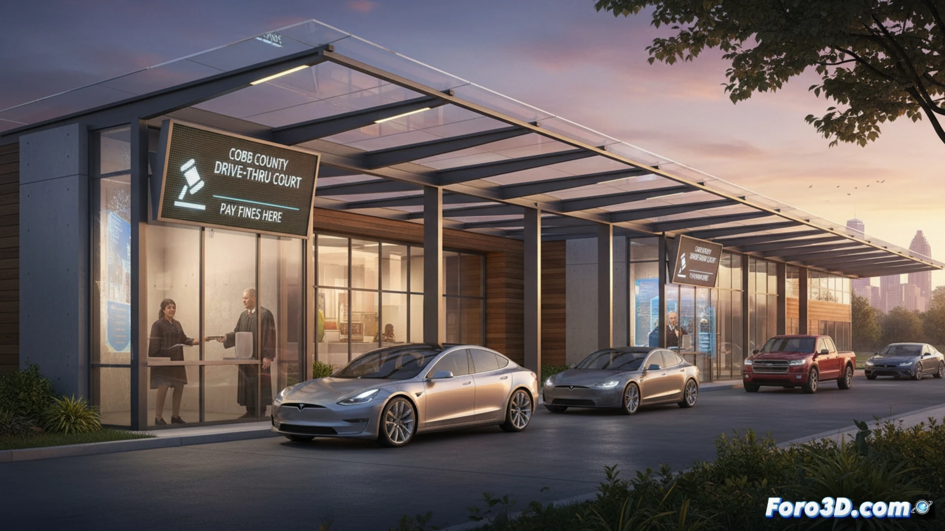 Un juez atiende desde una ventanilla a conductores que pagan multas sin salir de su coche, en un tribunal drive-thru.