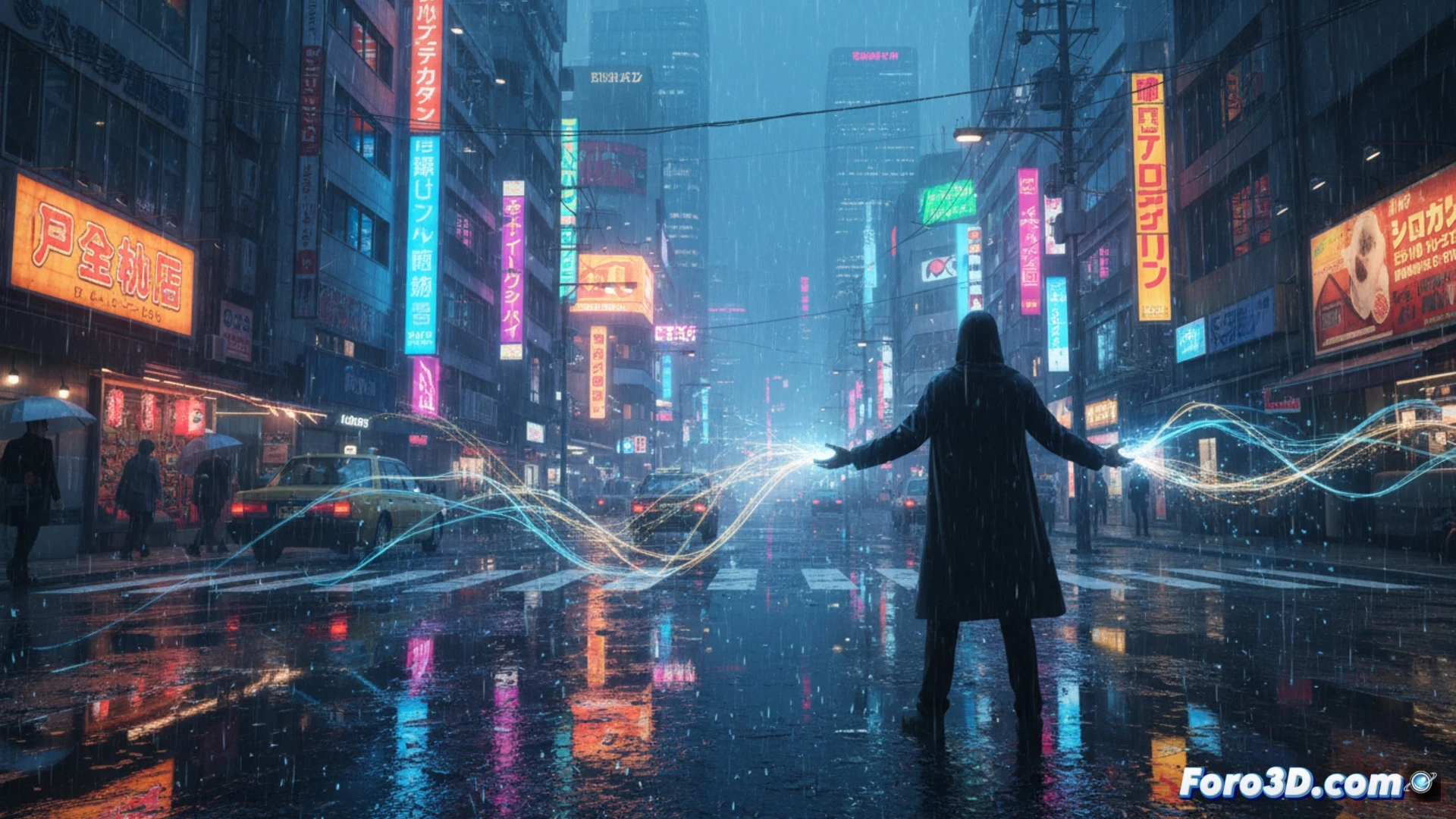 Captura de pantalla del videojuego Ghostwire Tokyo mostrando una calle de Shibuya de noche, con reflejos detallados de neones en charcos y superficies mojadas, iluminada por letreros luminosos.