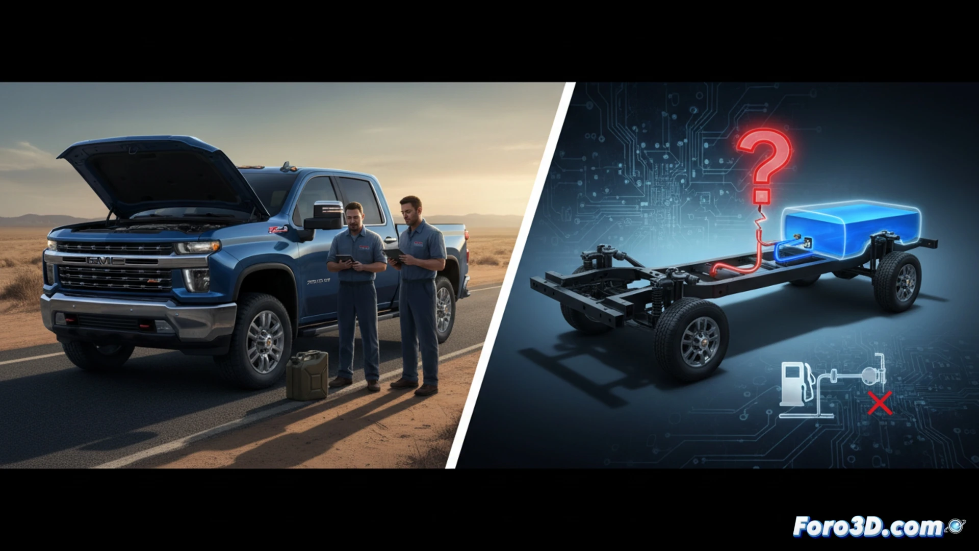 Un Silverado HD 2025 se detiene en la carretera. El conductor, confundido, mira el tablero donde la aguja del combustible marca vacío, a pesar de tener un tanque lleno.