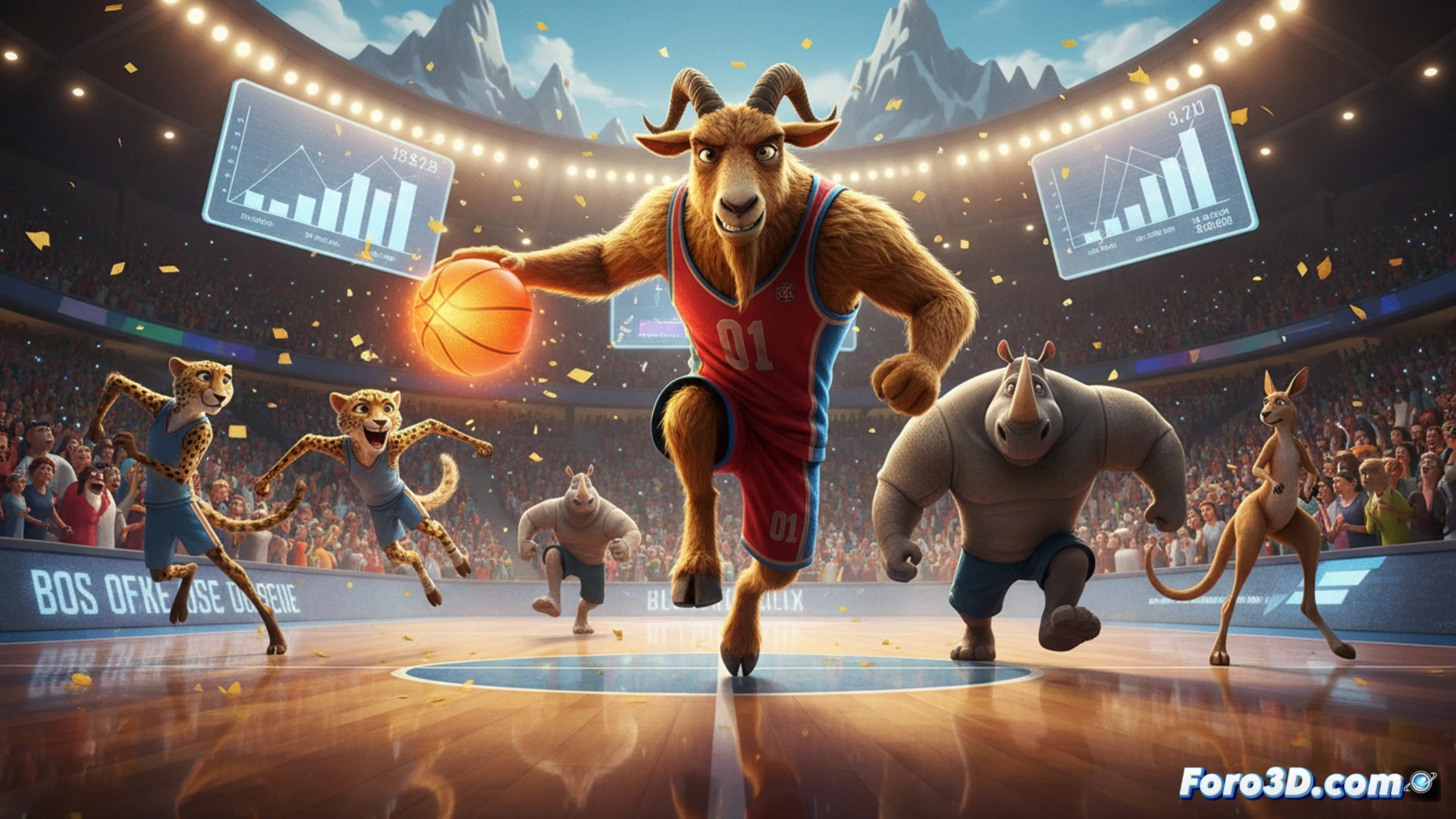 Una cabra estrella del baloncesto celebra un mate sobre una cancha llena de animales jugadores, con un estadio repleto de espectadores entusiasmados.