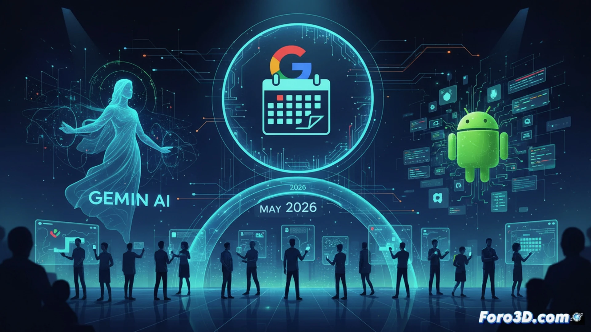 Auditorio iluminado con logo Google I/O 2026. Desarrolladores atentos a una pantalla gigante mostrando código y avances en IA.