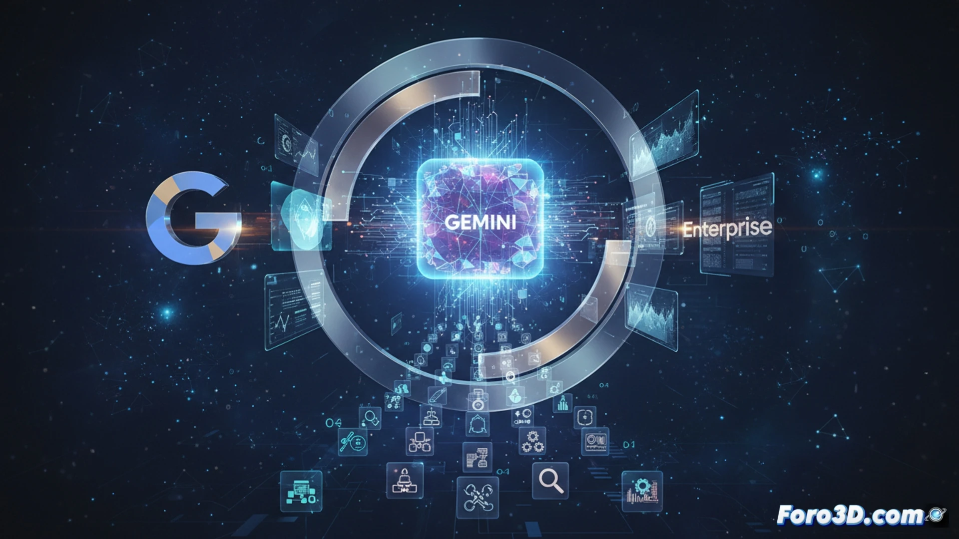 Una esfera digital brillante, núcleo de un cerebro de circuitos, se expande sobre un fondo de datos. Iconos de desarrollo y empresas orbitan a su alrededor.