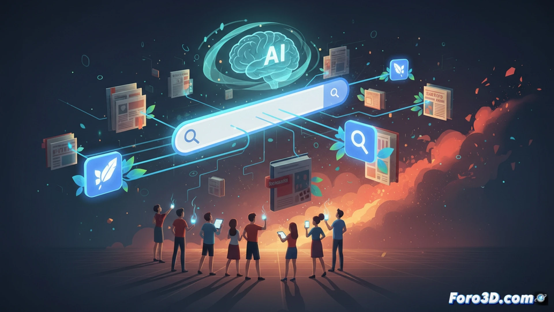 Una interfaz de búsqueda de Google con una respuesta generada por IA. Bajo el texto, varios enlaces a sitios web de noticias aparecen destacados con colores y tipografía más prominente.