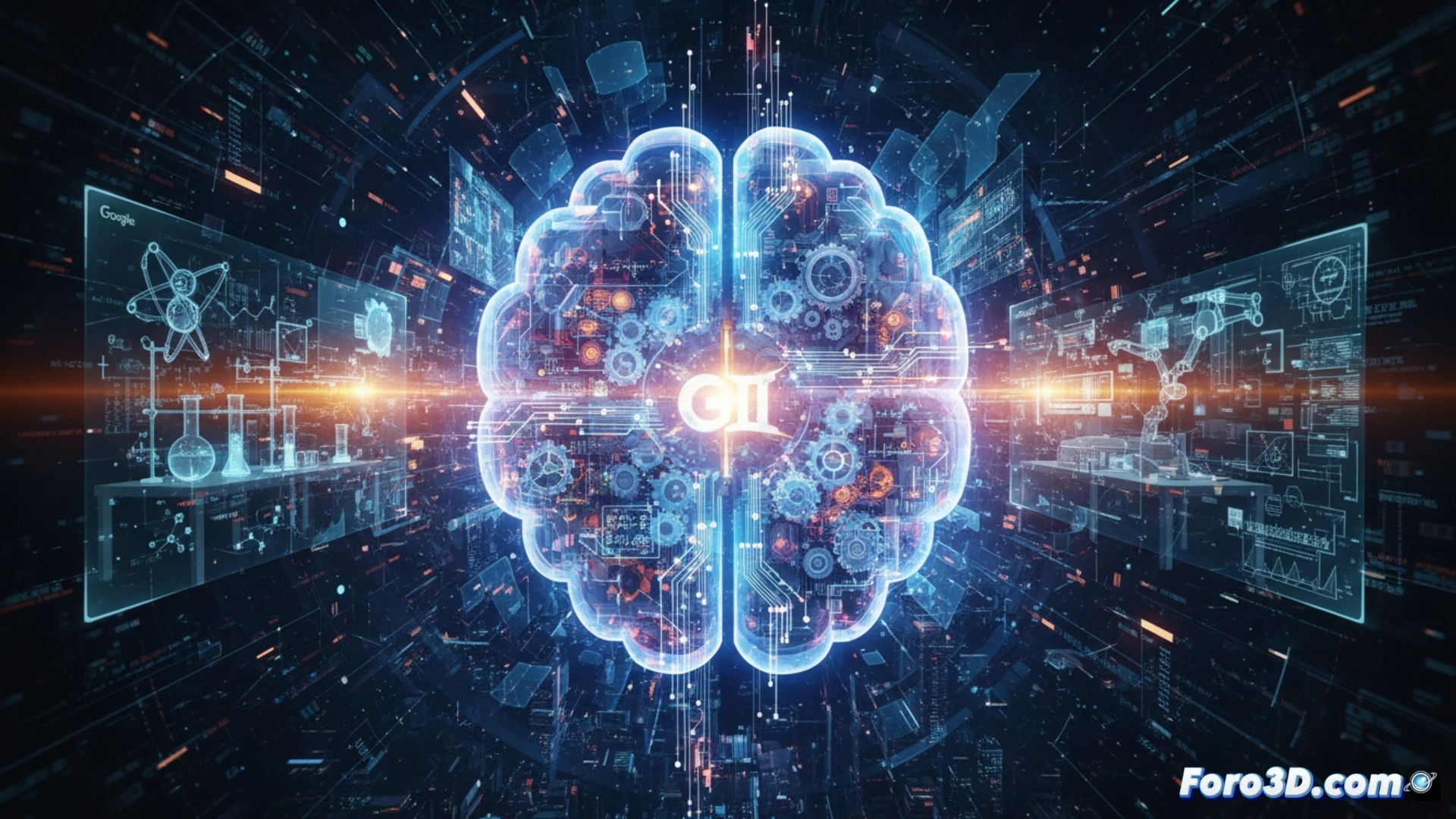 Un cerebro digital brillante, con engranajes y diagramas complejos girando en su interior, sobre fondo oscuro.