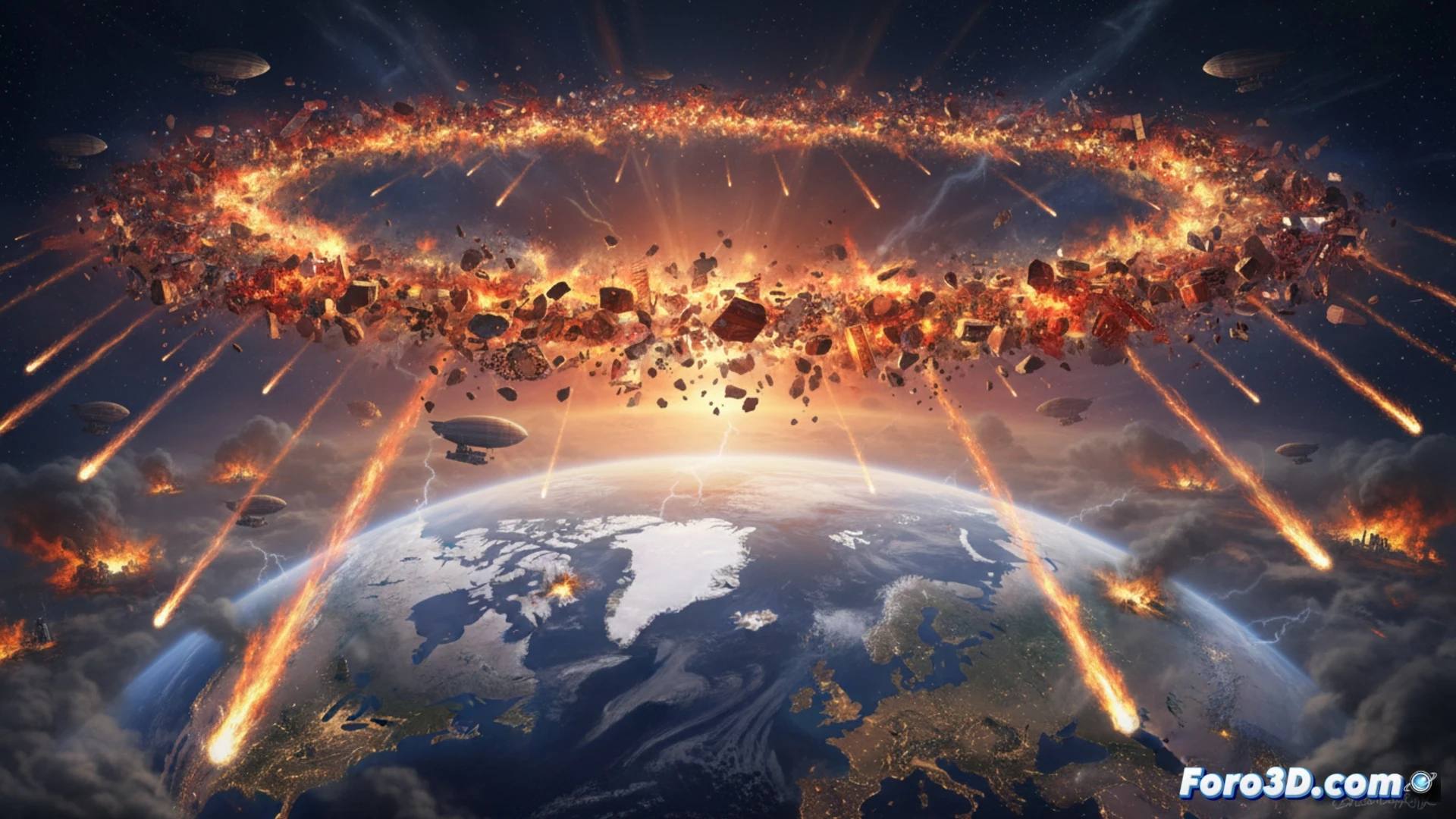 El cielo nocturno rasgado por un anillo de escombros incandescentes, mientras meteoritos caen sobre ciudades desoladas.