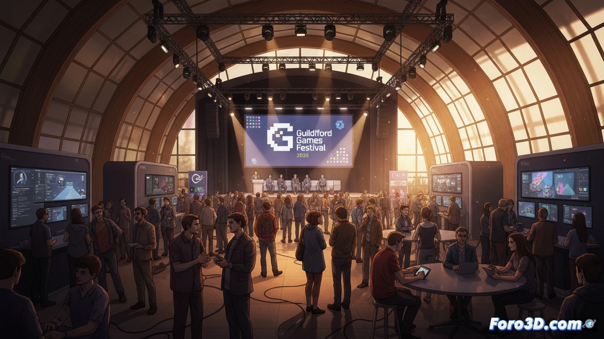 Vibrante feria con stands de videojuegos, desarrolladores mostrando sus proyectos y asistentes conversando en un moderno centro de convenciones.