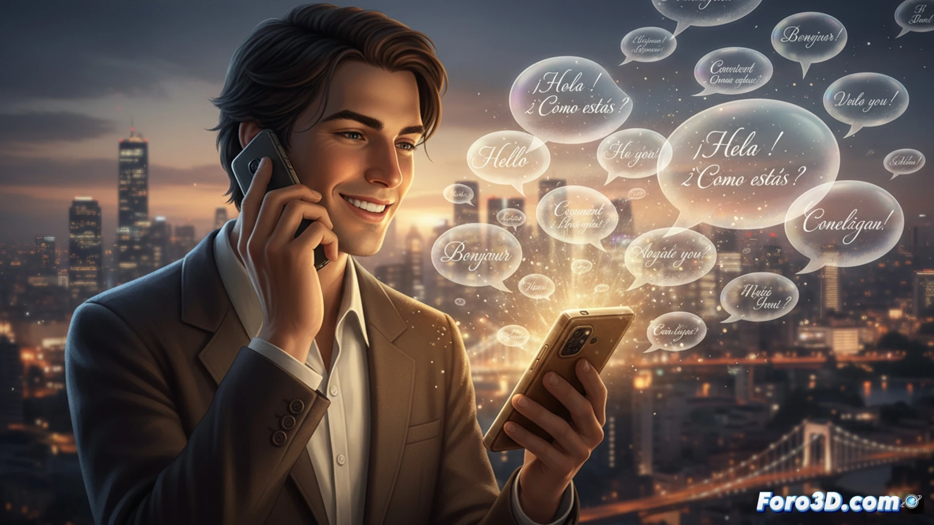 Ilustración conceptual de una llamada telefónica internacional con ondas de sonido que se transforman en diferentes idiomas, representando la traducción en tiempo real.