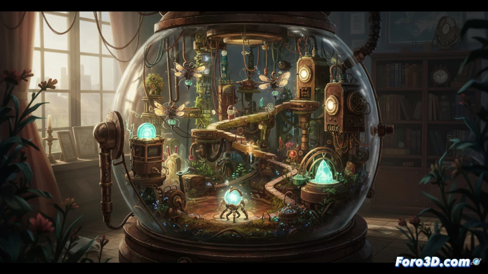 Una isla flotante con intrincados puzles mecánicos y eléctricos, bajo un cielo crepuscular sereno. El jugador observa el entorno, buscando conexiones en la calma.