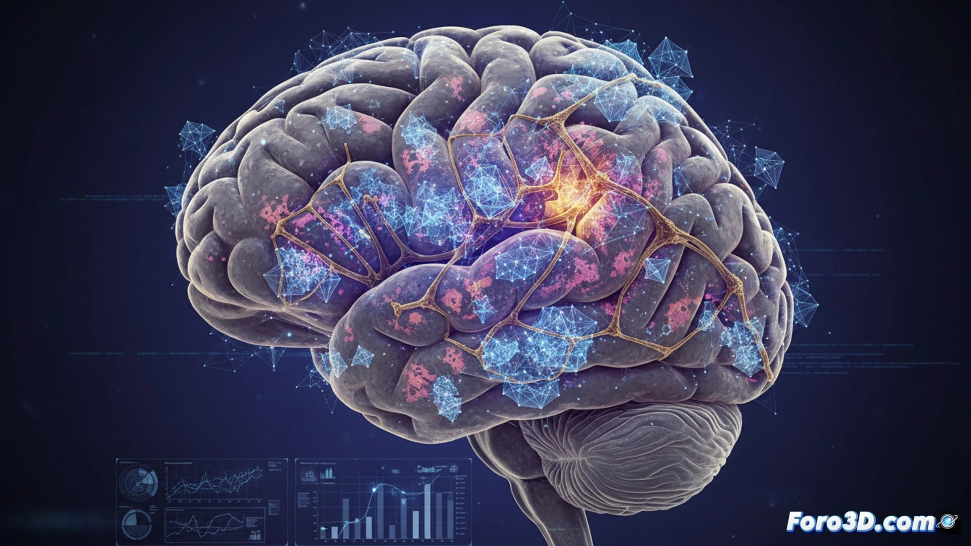 Cerebro con redes neuronales formando intrincados patrones geométricos, como un universo de conexiones oculto.