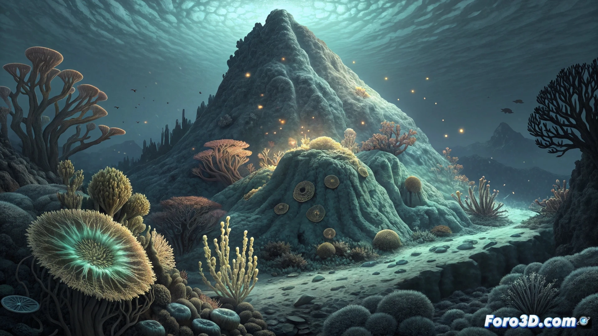 Un bosque de criaturas bioluminiscentes y formas alienígenas cubre una montaña submarina en la oscuridad abisal.