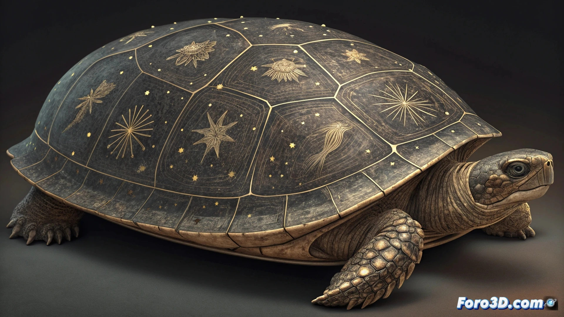 Un caparazón de tortuga antiguo, con finos grabados que representan constelaciones estelares, sobre una superficie de tierra.