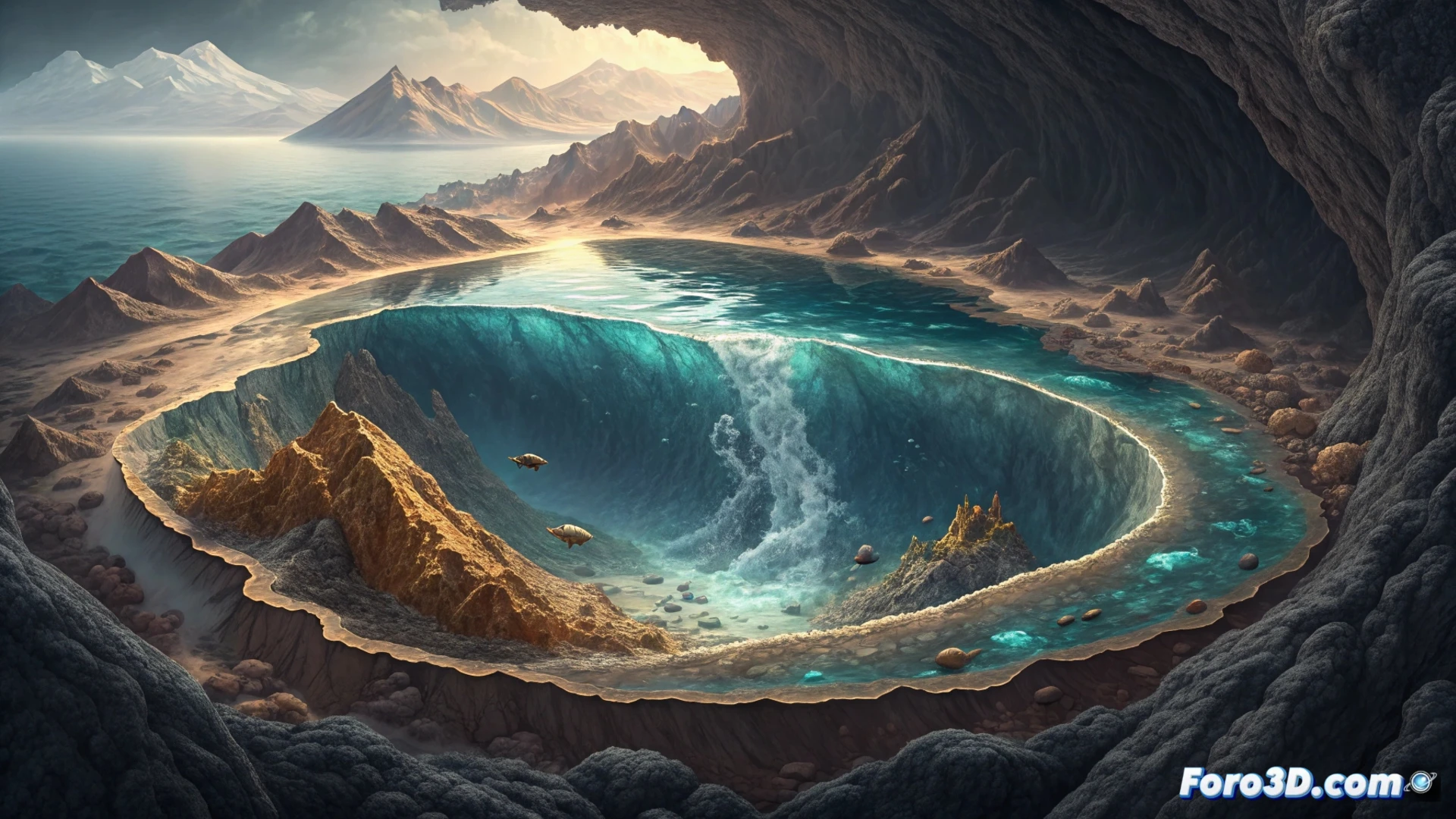 Imagen de la Tierra en sección, mostrando un vasto océano azul brillante en su manto profundo, contenido en la estructura cristalina de una roca.